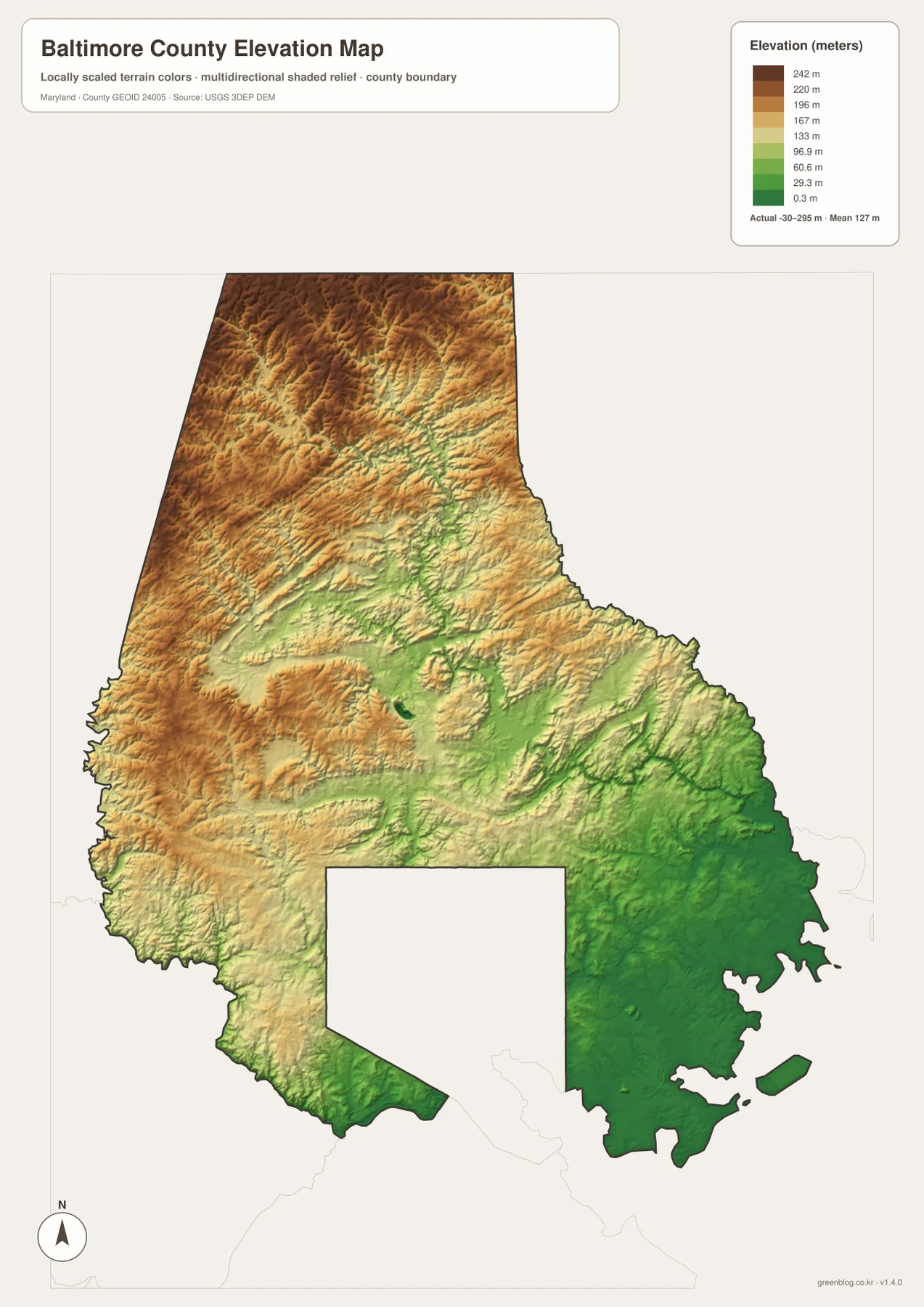 Baltimore County 고도 지도에서 북서부의 높은 구릉과 Chesapeake Bay 가까운 동남부 저지대가 구분된 모습