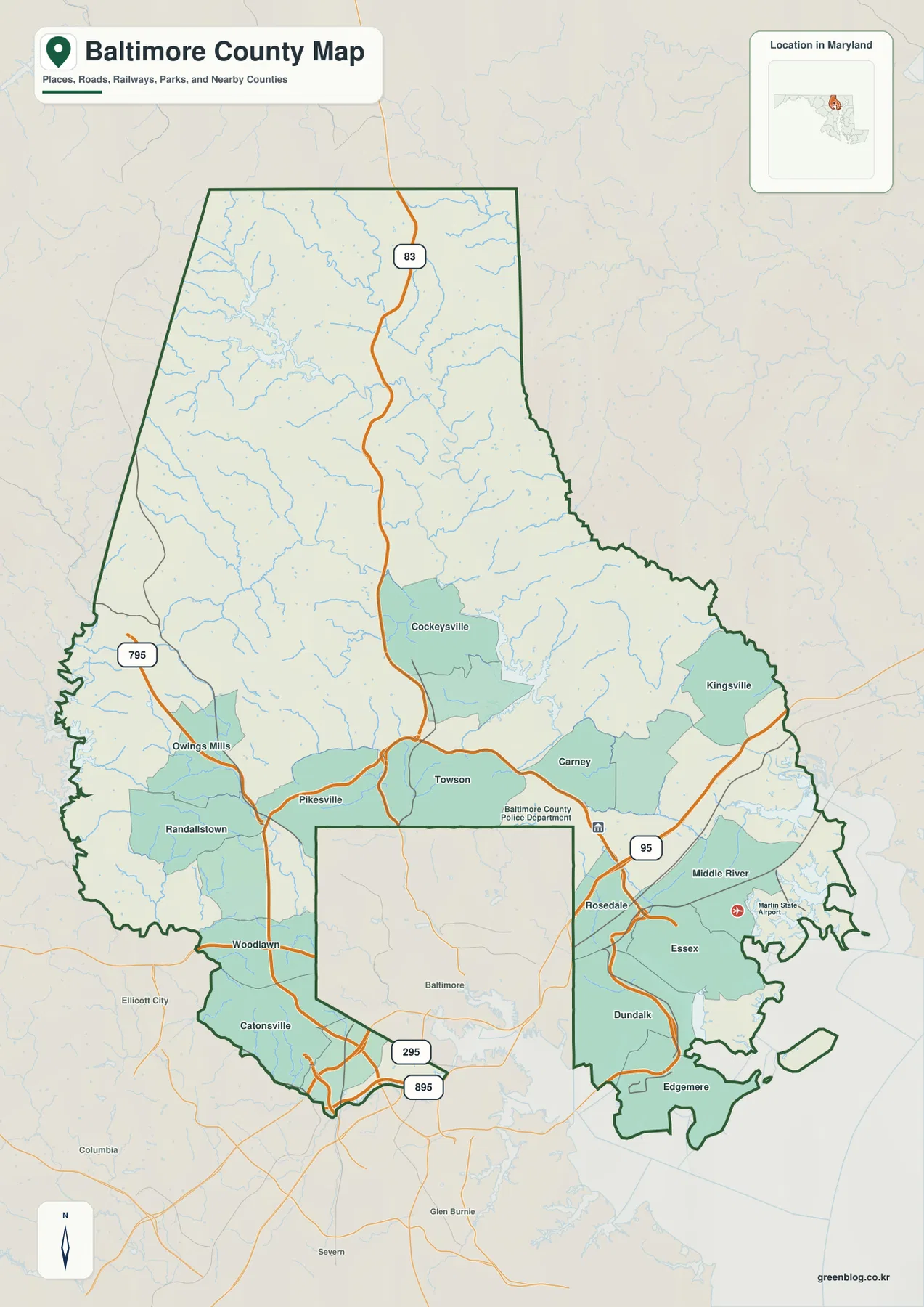 Baltimore County 지도에 Towson, Cockeysville, Pikesville, Owings Mills, Essex, Dundalk와 주요 고속도로가 표시된 모습