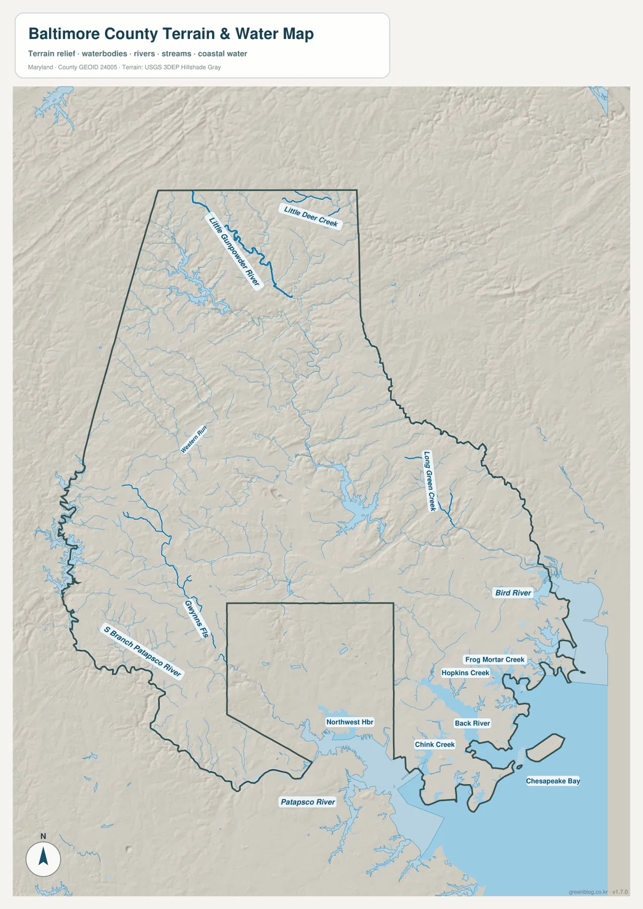 Baltimore County 수역 지도에 Little Gunpowder River, Western Run, Gwynns Falls, Patapsco River, Back River, Bird River와 Chesapeake Bay가 표시된 모습