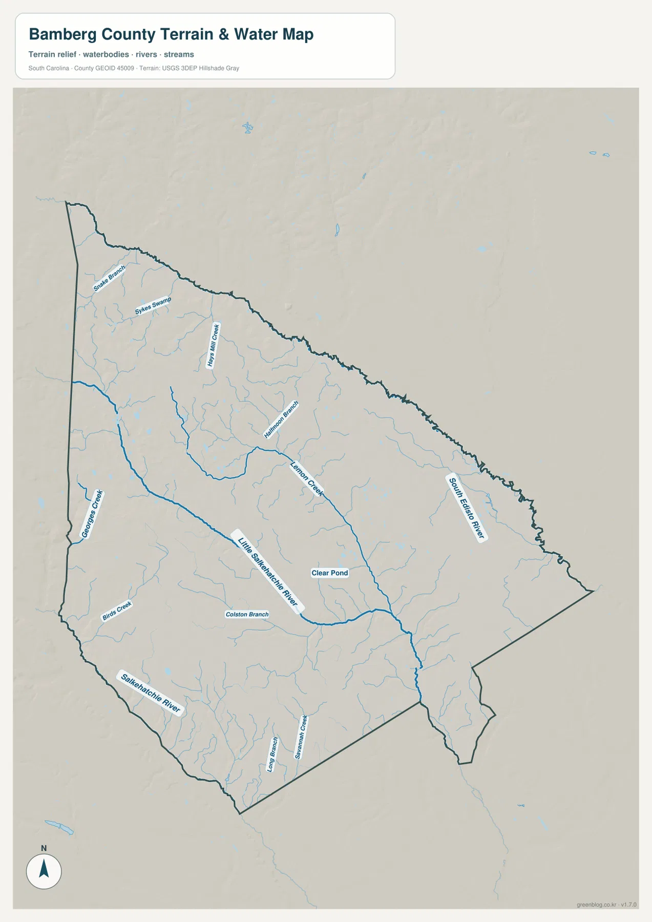 Bamberg County terrain and water map showing the South Edisto River, Little Salkehatchie River, Salkehatchie River, creeks, branches, swamp, and pond
