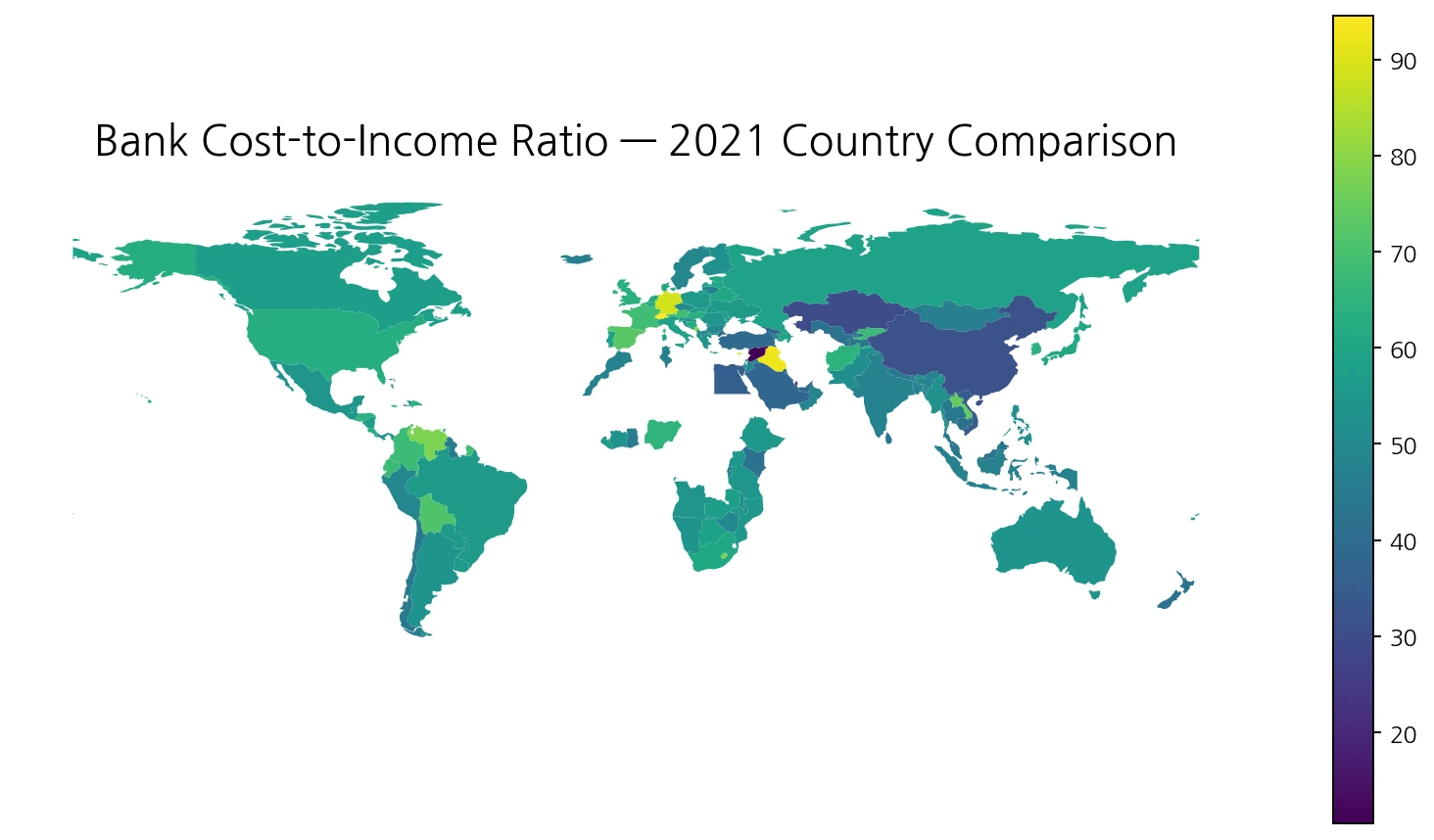 World map of bank cost-to-income ratio in 2021
