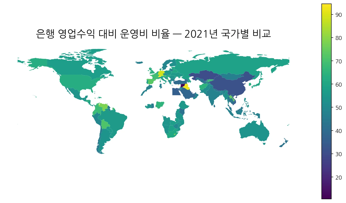 2021년 은행 영업수익 대비 운영비 비율 세계 지도