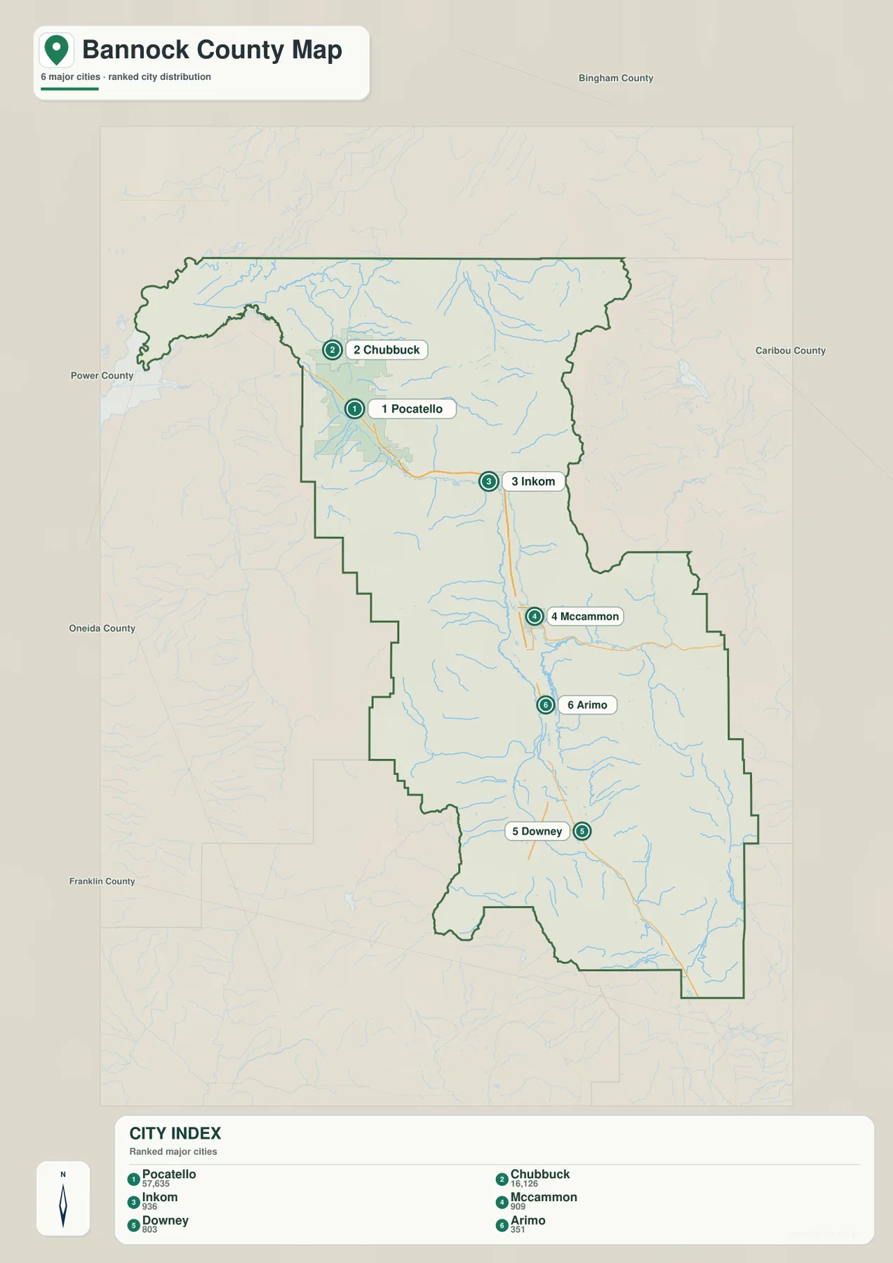 Bannock County city map with Pocatello, Chubbuck, Inkom, McCammon, Downey, and Arimo