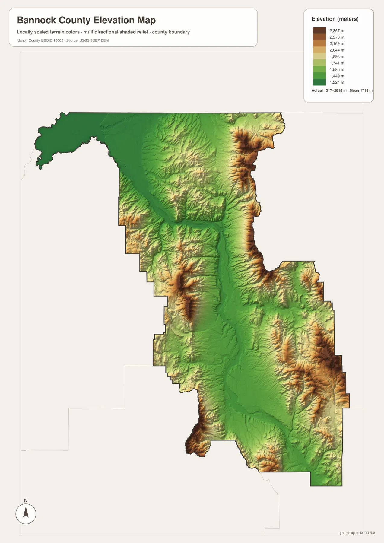 Bannock County elevation map showing low central valleys and higher eastern and western mountain terrain