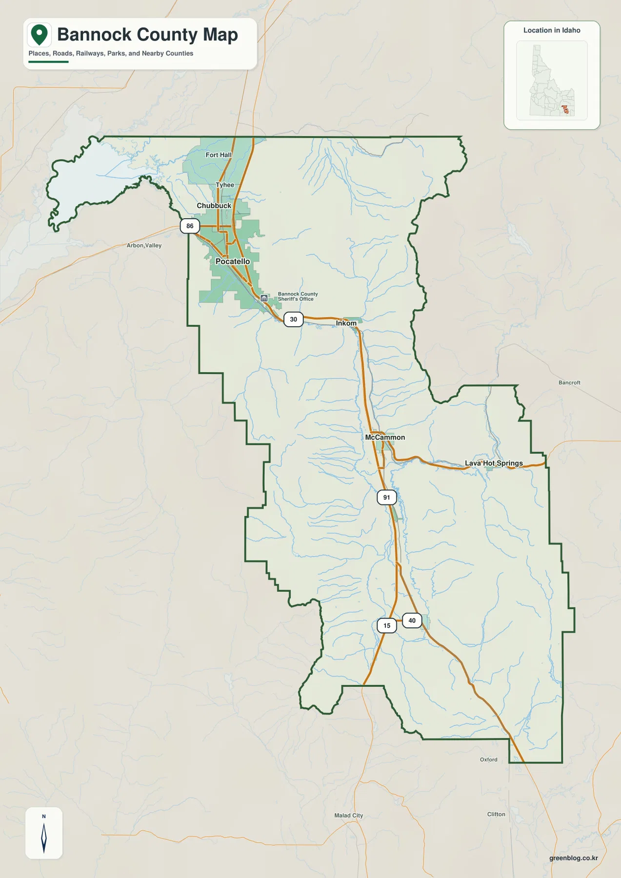 Bannock County map showing Pocatello, Chubbuck, Inkom, McCammon, roads, streams, and the county boundary