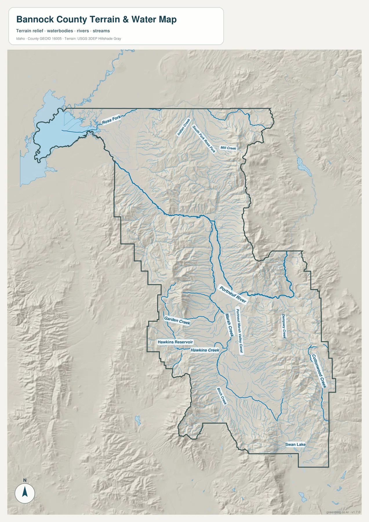 Bannock County terrain and water map showing Portneuf River, Marsh Creek, Hawkins Reservoir, tributaries, and mountain relief