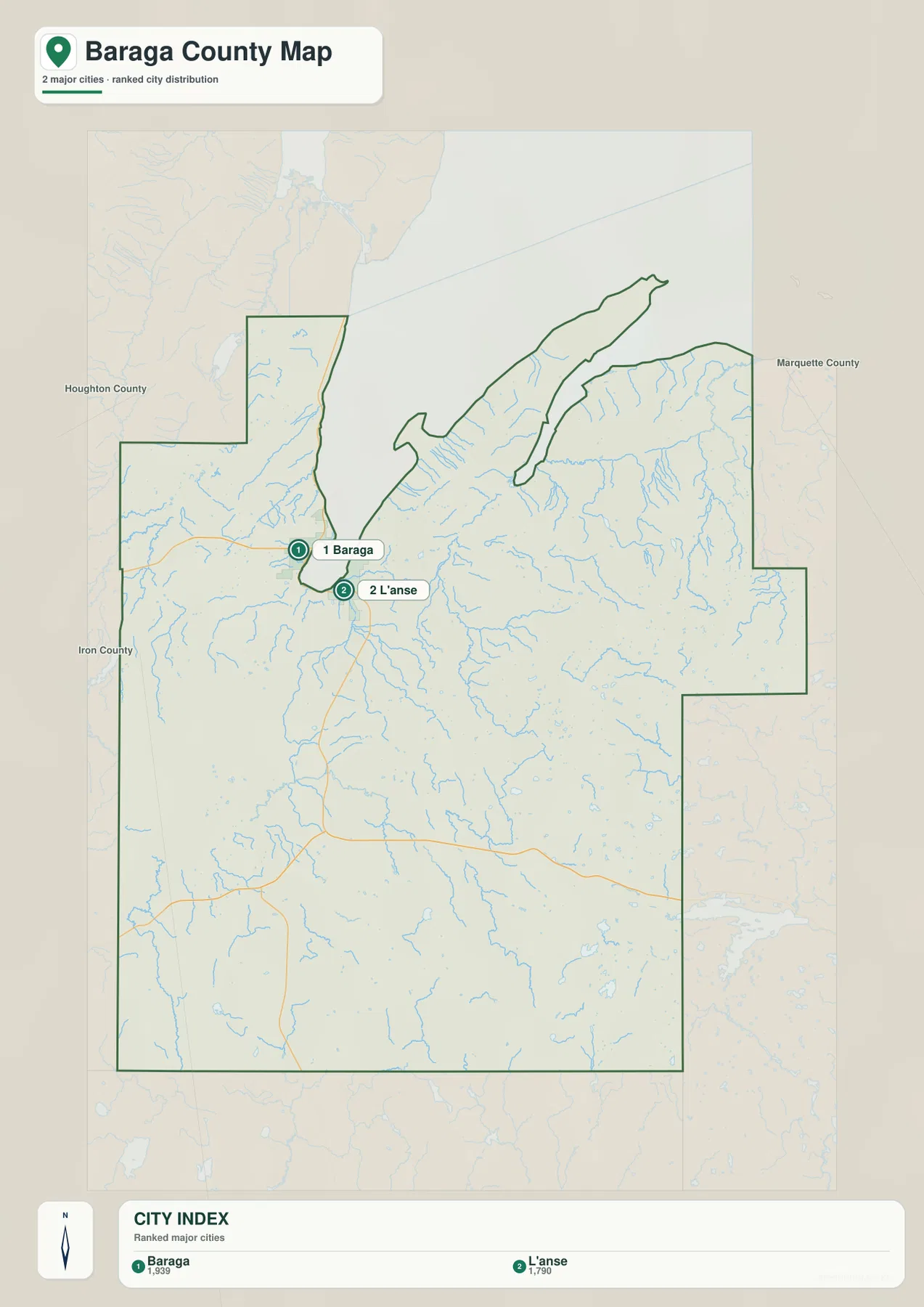 Baraga와 L’Anse를 번호로 표시한 Baraga County Michigan 주요 지점 분포 지도