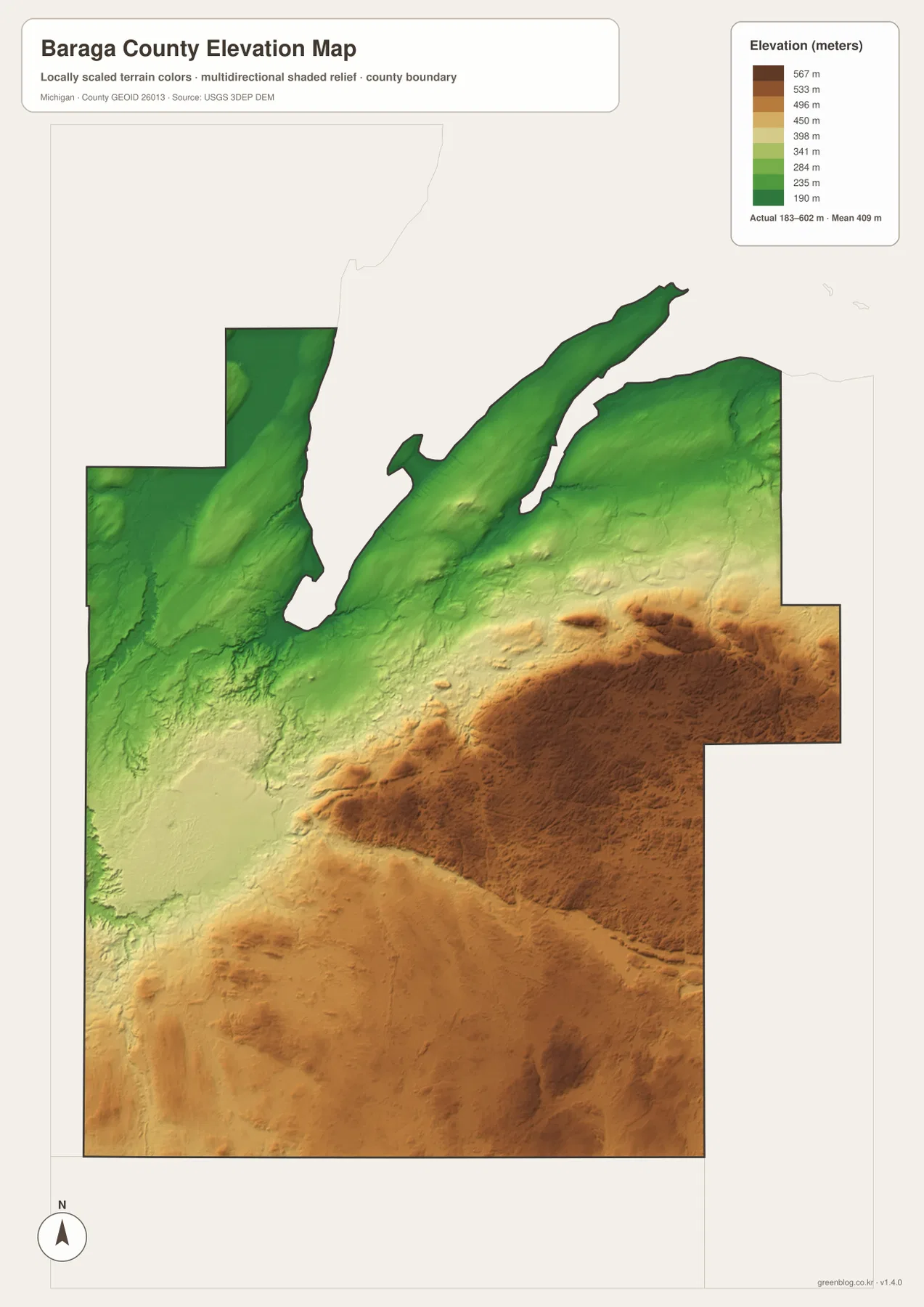 Lake Superior 해안의 낮은 지형과 남동부의 높은 구릉을 보여 주는 Baraga County Michigan 고도 지도