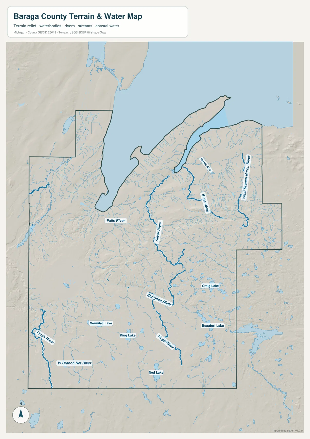 Silver River, Sturgeon River, Slate River, West Branch Huron River, Falls River와 여러 호수가 표시된 Baraga County 지형 수역 지도
