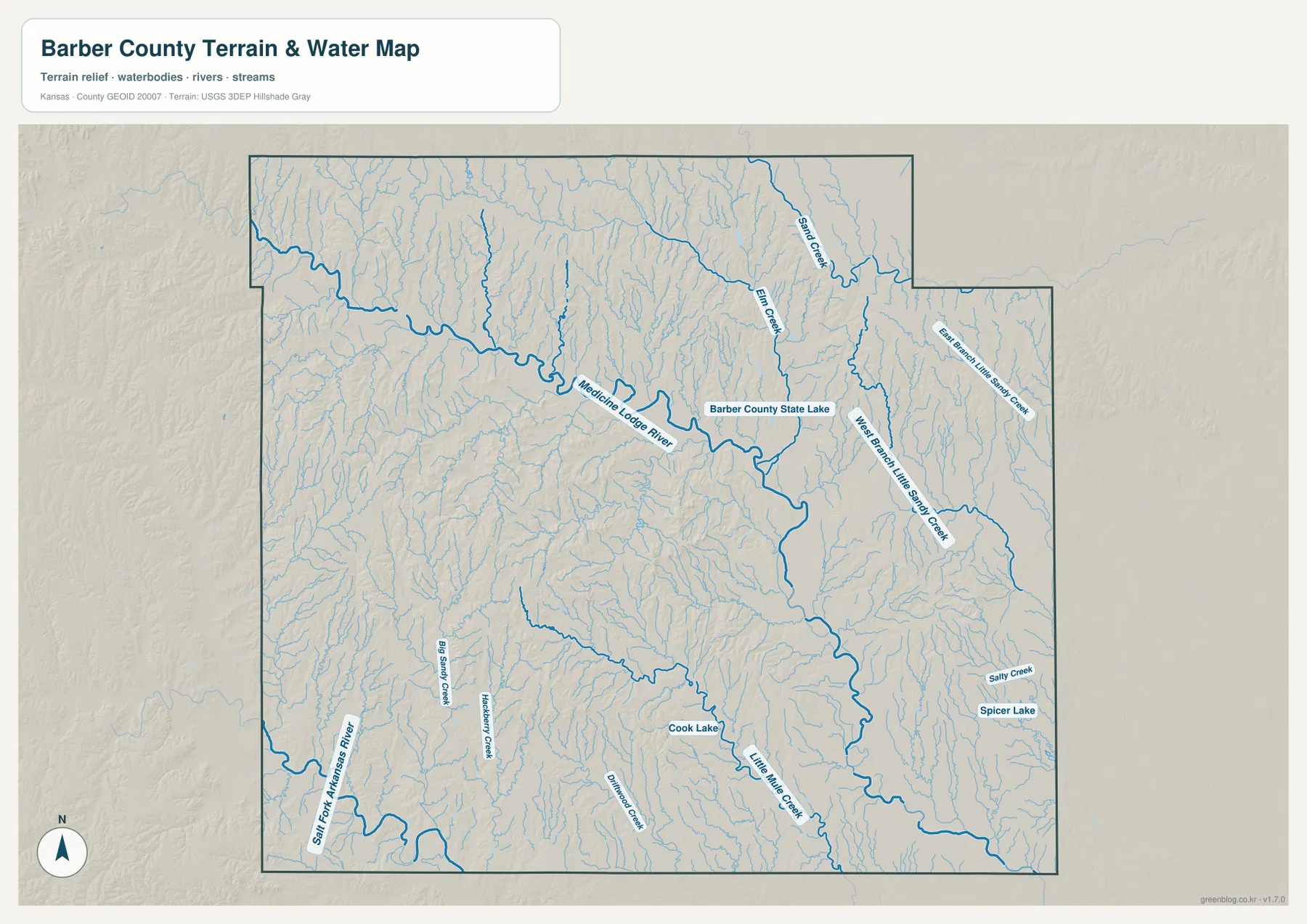 Medicine Lodge River, Elm Creek, Sand Creek, Little Sandy Creek 지류와 여러 호수를 보여 주는 바버 카운티 수역 및 지형 지도