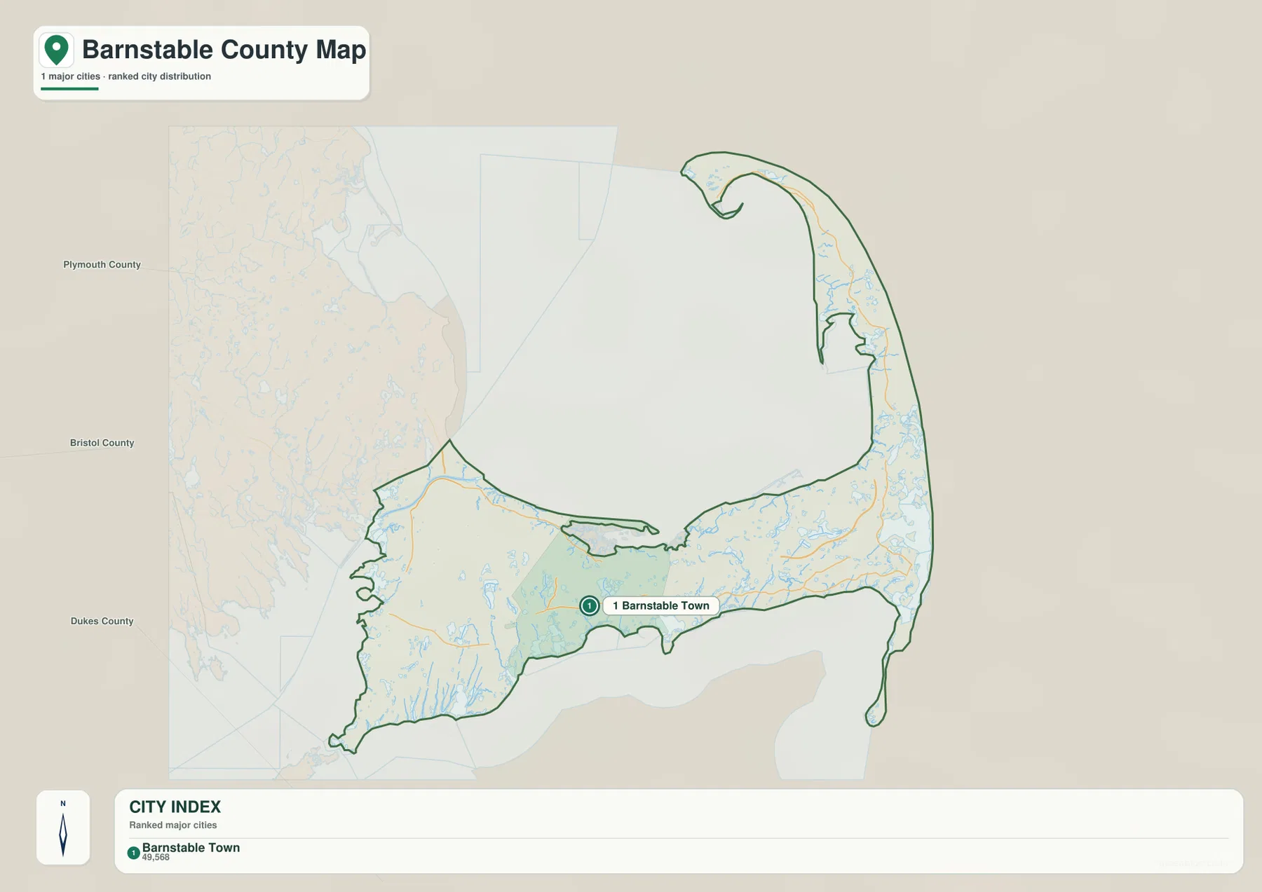 Barnstable Town을 주요 도시 지표로 표시하고 Cape Cod 전체 윤곽을 단순화한 반스터블 카운티 도시 지도