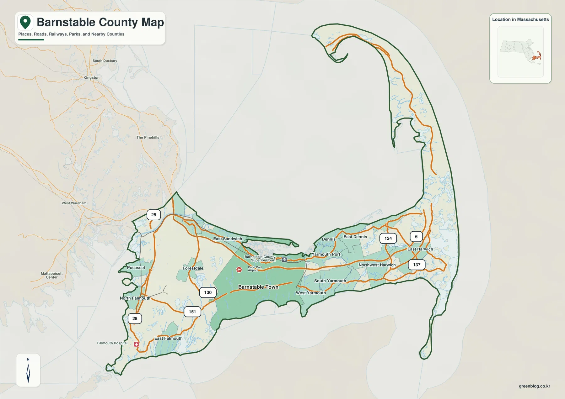 Route 6, Barnstable Town, Falmouth, Yarmouth, Dennis와 Cape Cod의 굽은 카운티 경계가 표시된 반스터블 카운티 지도