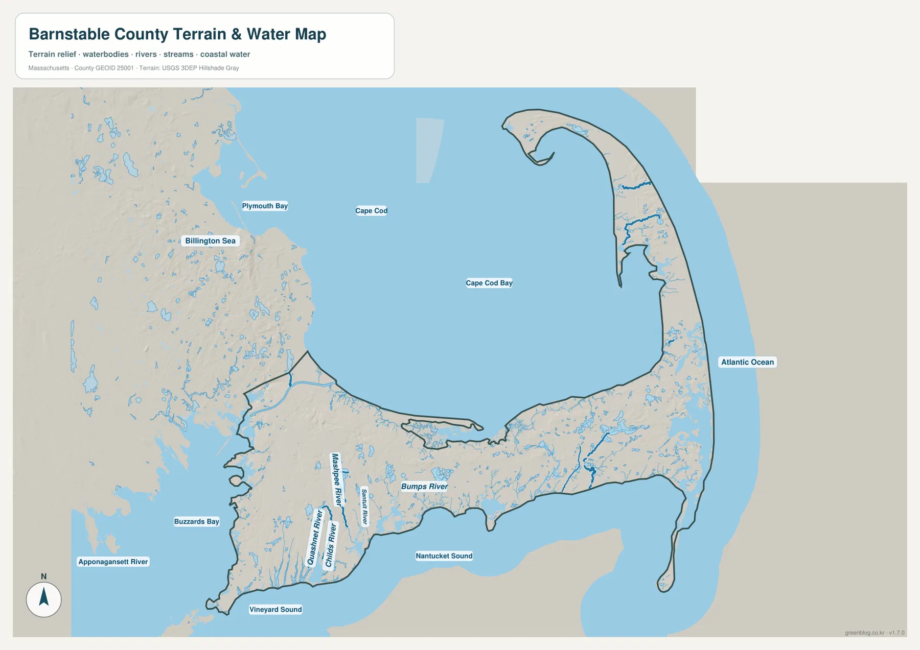 Cape Cod Bay, Atlantic Ocean, Nantucket Sound, Vineyard Sound, Buzzards Bay와 여러 강이 표시된 반스터블 카운티 수역 지도