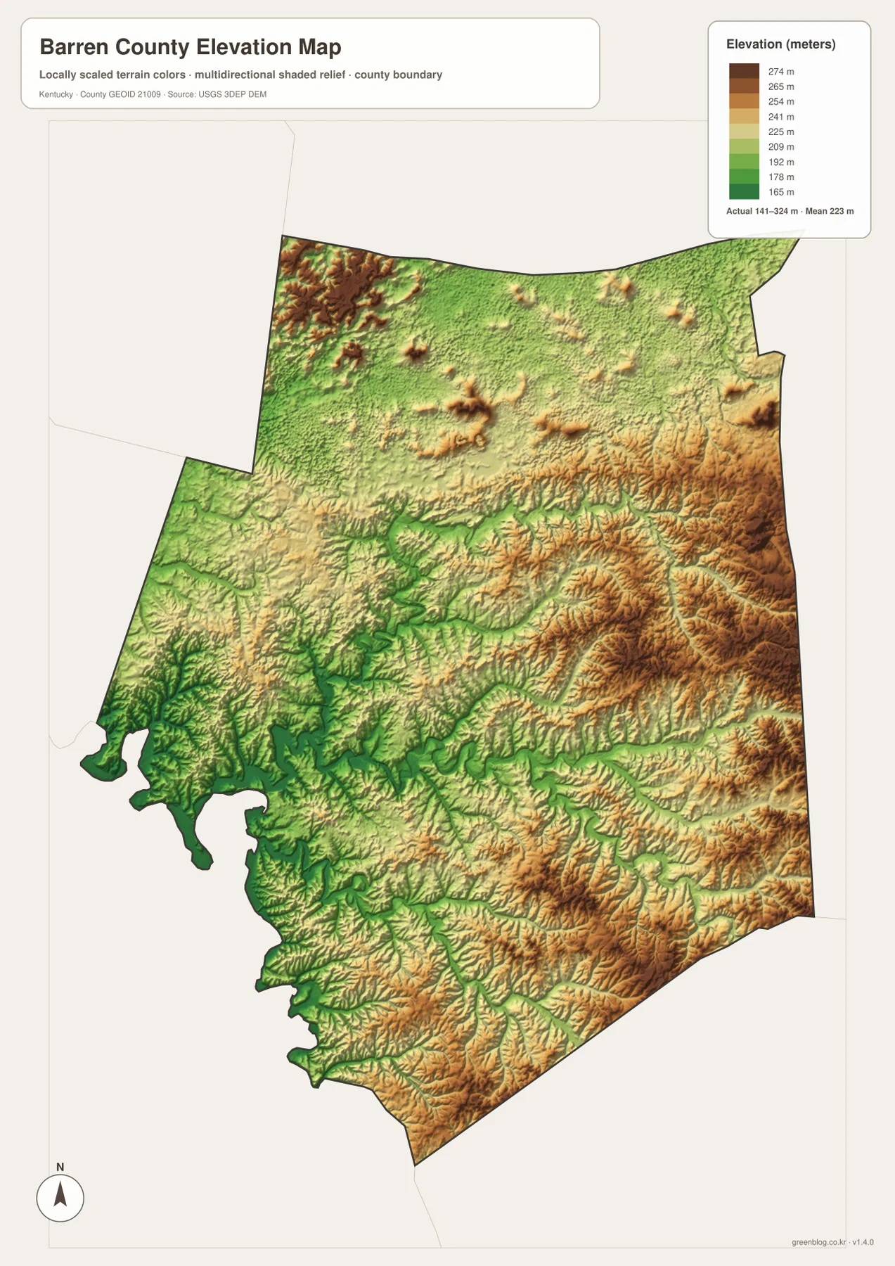 Barren County Kentucky elevation map showing 141 to 324 meter relief, Barren River Lake lowlands and higher eastern hills