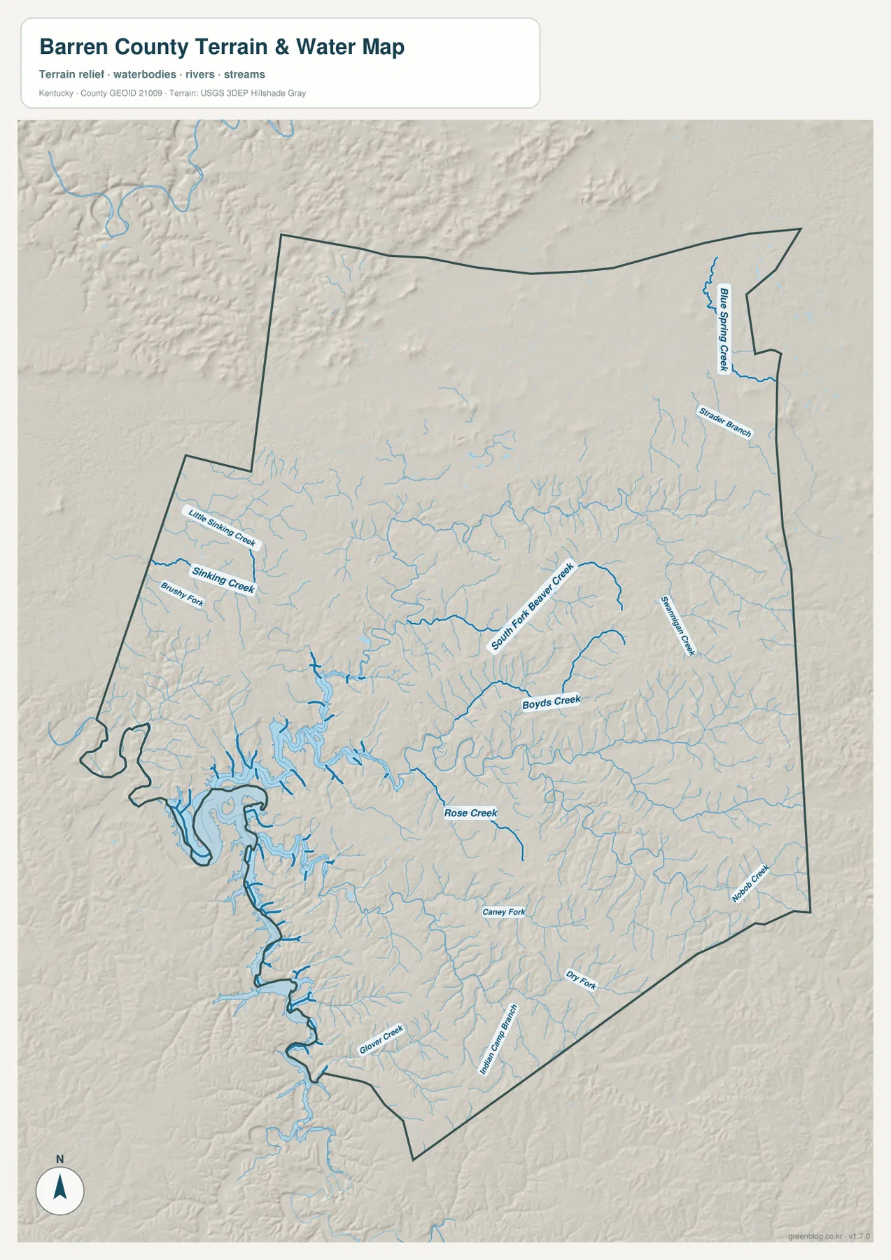Barren County Kentucky terrain and water map showing Barren River Lake, Sinking Creek, South Fork Beaver Creek and Boyds Creek
