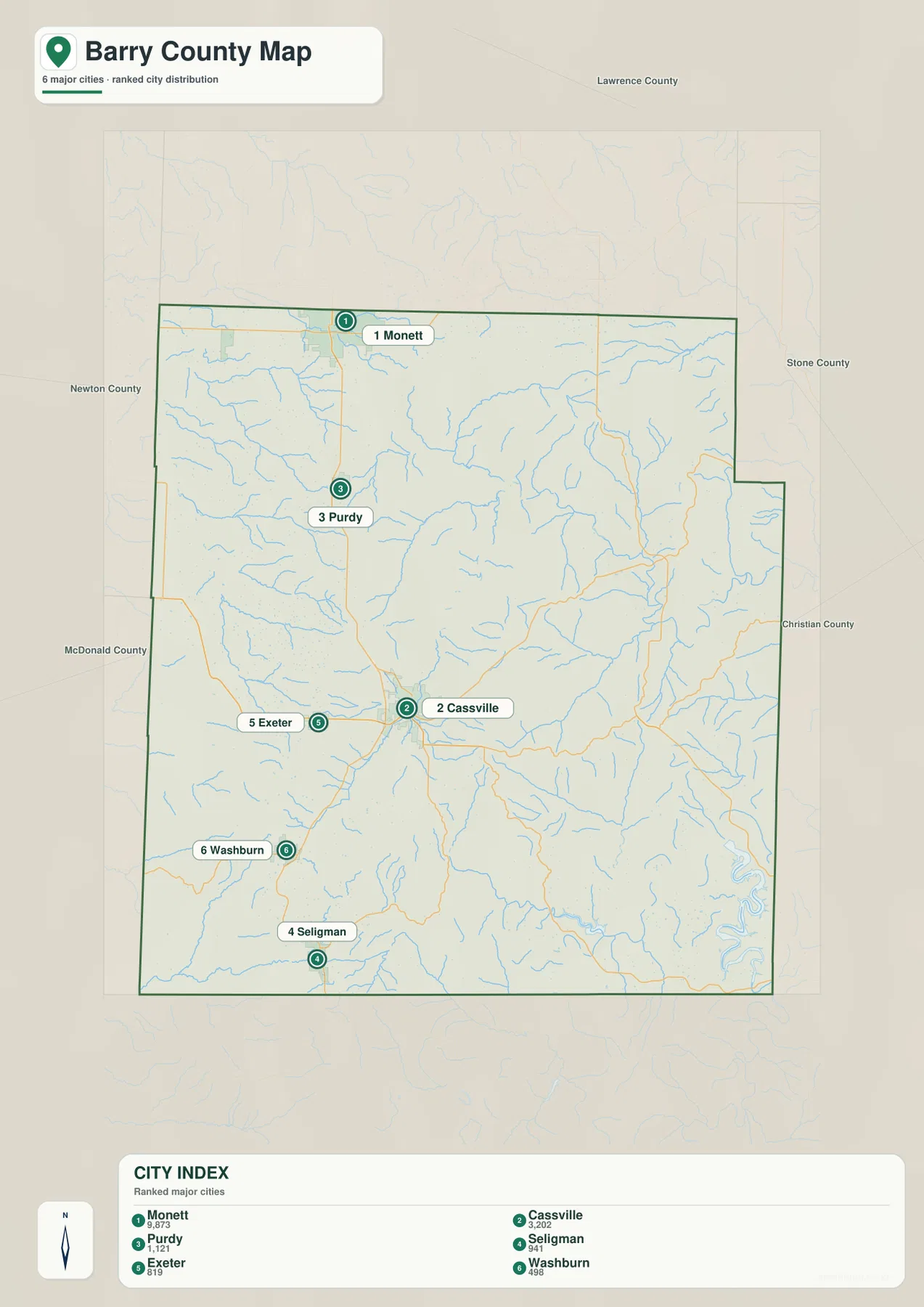 Barry County의 Monett, Cassville, Purdy, Seligman, Exeter, Washburn 위치를 표시한 도시 지도