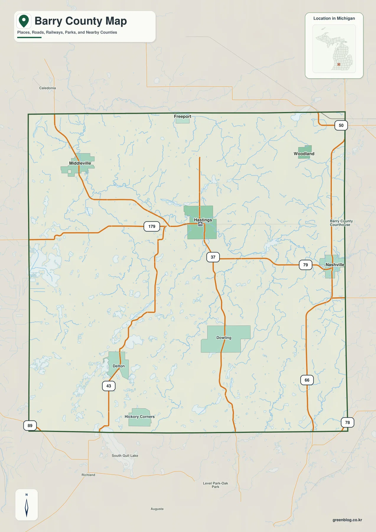 Hastings, Middleville, Nashville, Freeport, Woodland, Delton과 M-37, M-43, M-79가 표시된 Barry County Michigan 지도