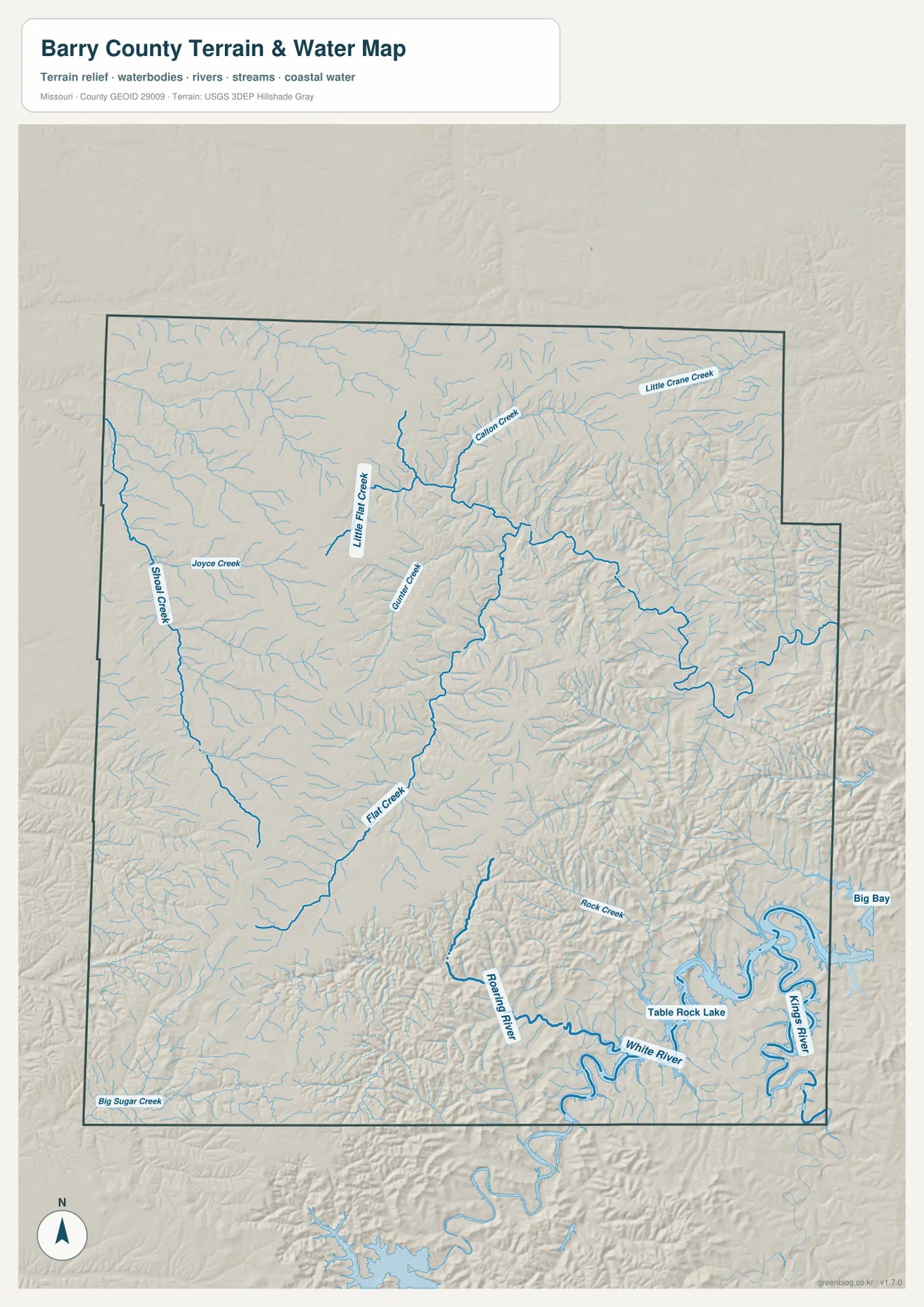 Barry County의 Table Rock Lake, White River, Roaring River, Flat Creek 등 수역과 지형을 표시한 지도