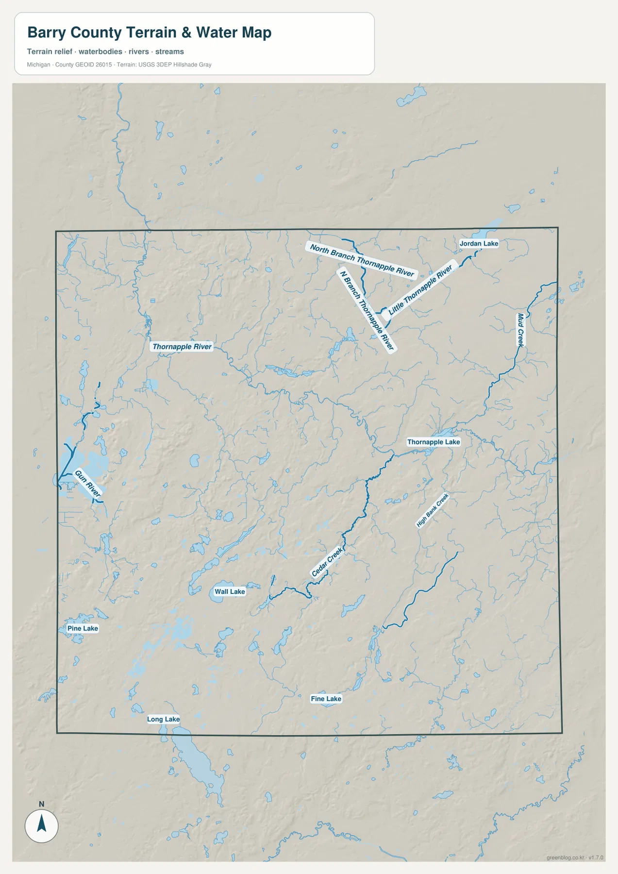 Thornapple River, North Branch Thornapple River, Little Thornapple River, Gun River, Cedar Creek와 여러 호수가 표시된 Barry County 지형 수역 지도
