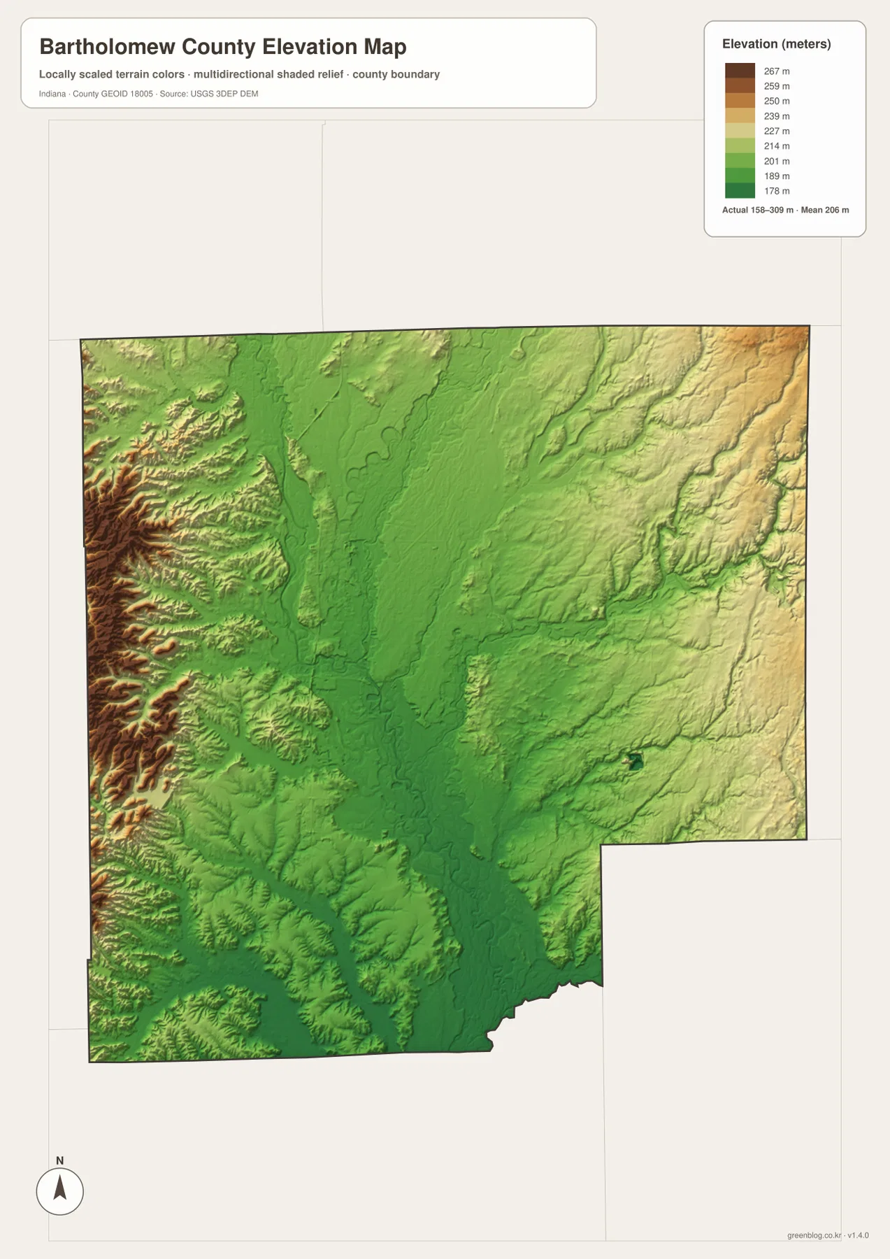Bartholomew County elevation map showing 158 to 309 meter relief, central river lowlands and western ridges