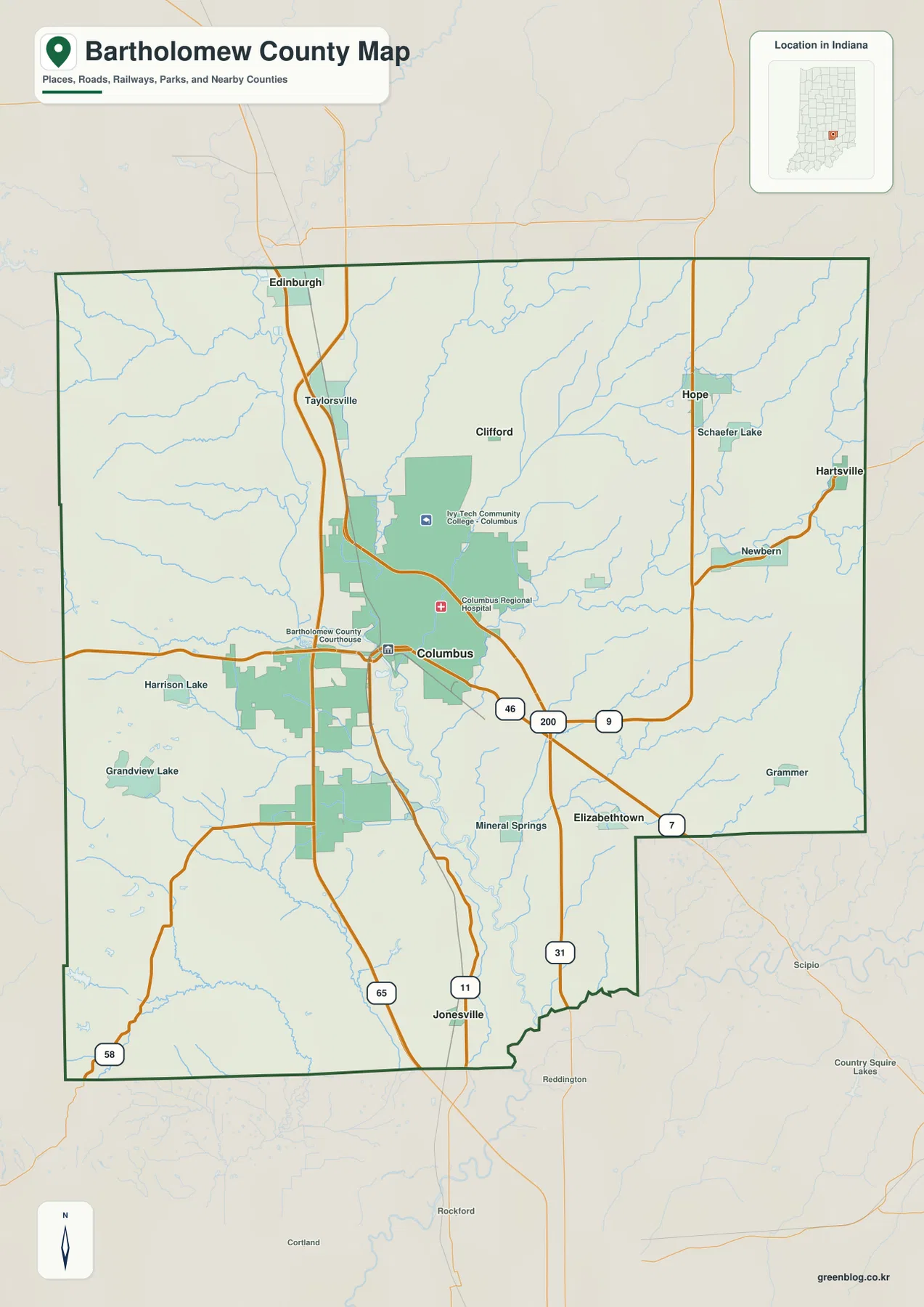 Bartholomew County Indiana map with Columbus, I-65, US 31, Hope, Hartsville, Elizabethtown and major roads