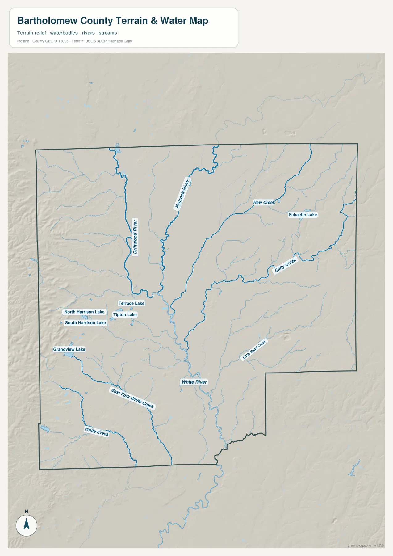 Bartholomew County water map with Driftwood River, Flatrock River, Haw Creek, Clifty Creek and White River