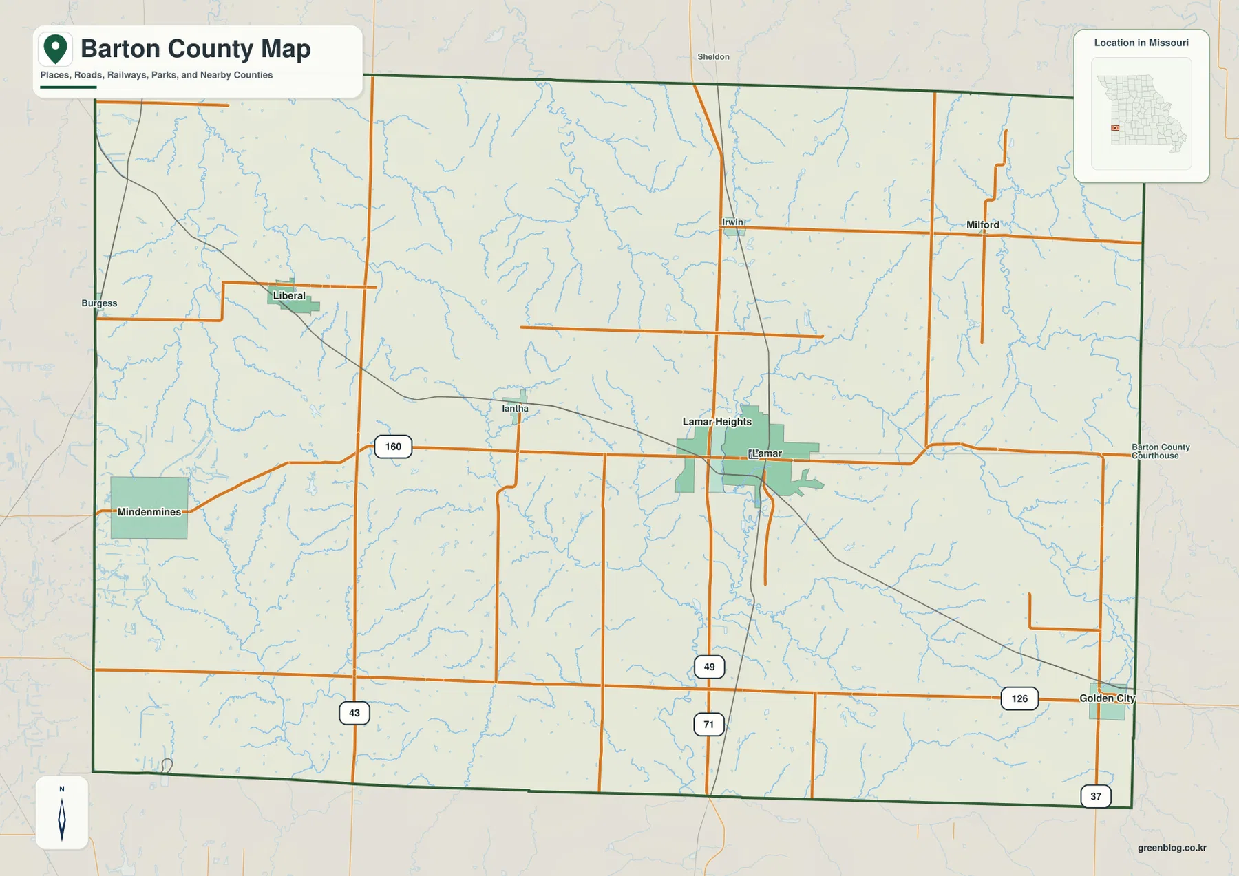 미주리주 Barton County의 Lamar, Liberal, Golden City, U.S. 160과 주요 도로를 표시한 카운티 지도