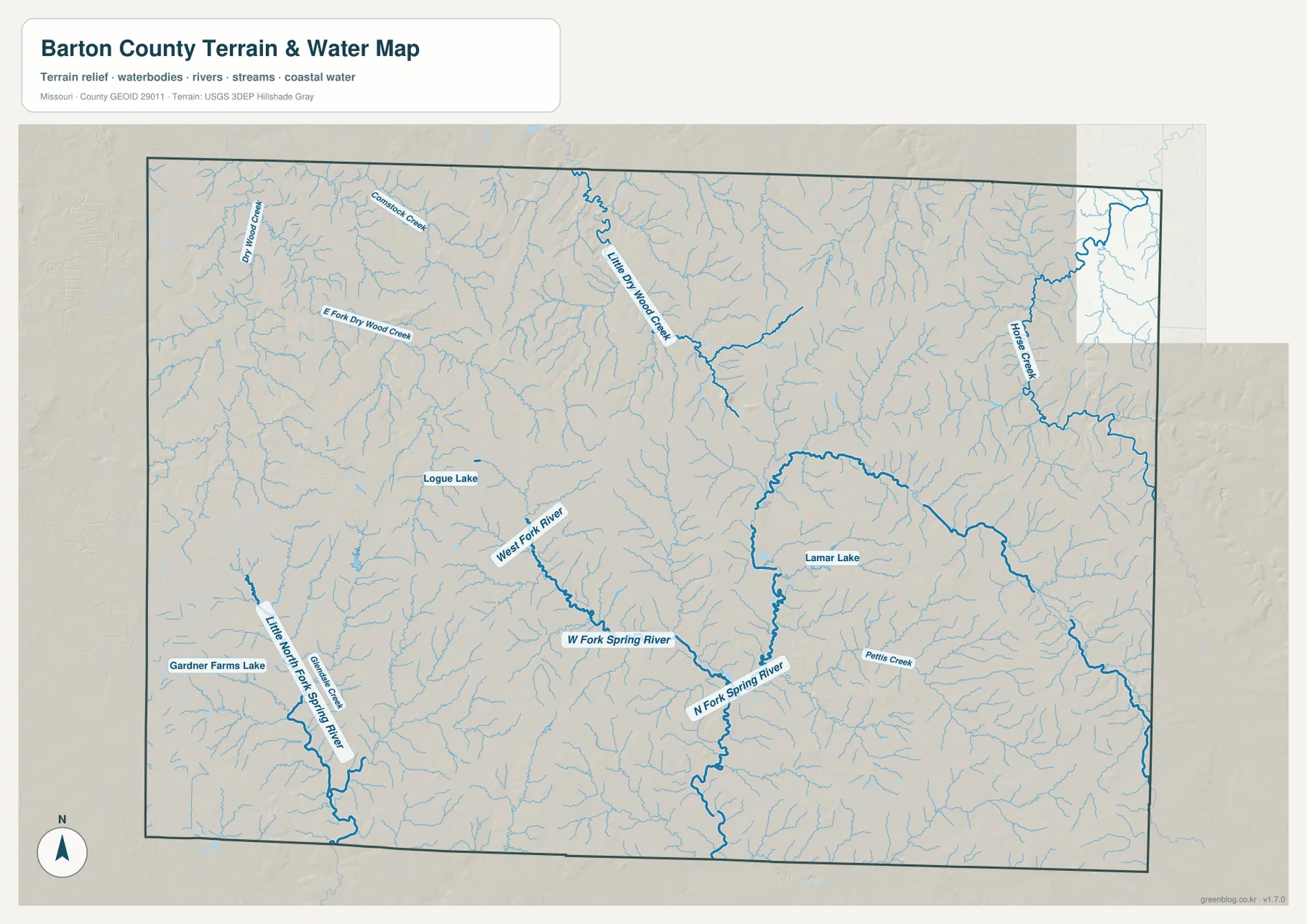 Barton County의 Dry Wood Creek, Spring River 지류, Lamar Lake 등 하천과 호수를 표시한 수역 지도