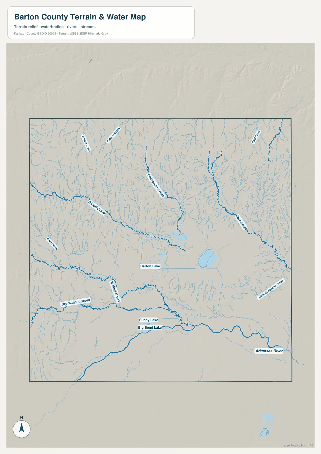 Arkansas River, Walnut Creek, Blood Creek, Deception Creek, Cow Creek와 Barton Lake를 보여 주는 바튼 카운티 수역 및 지형 지도