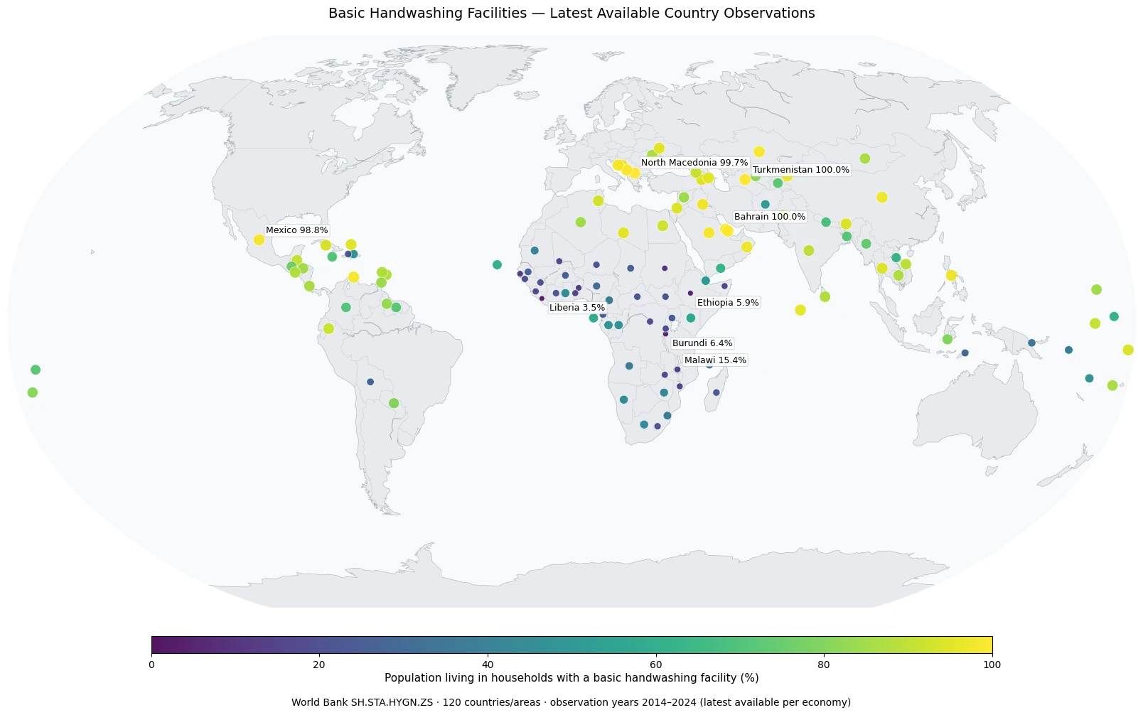 World map of the population share living in households with basic handwashing facilities including soap and water