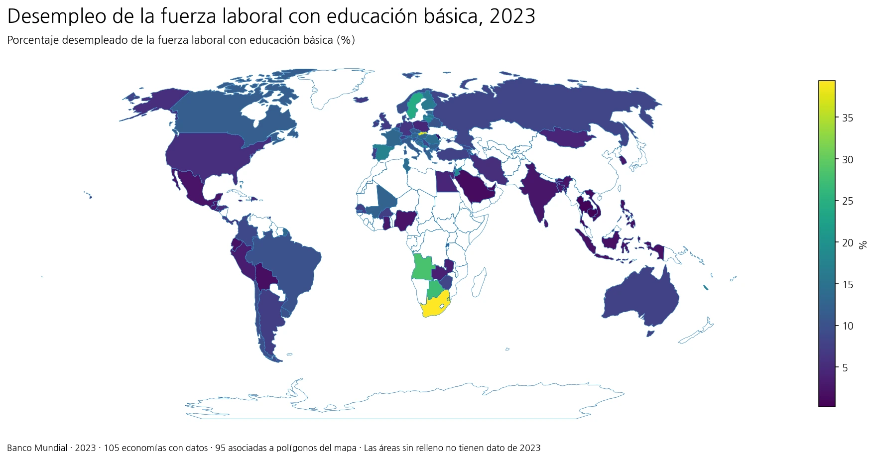 Tasa de desempleo de la fuerza laboral con educación básica por país en 2023