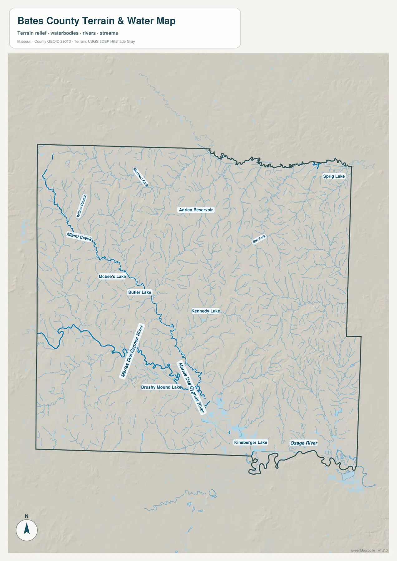 Bates County의 Marais des Cygnes River, Osage River, Miami Creek, Butler Lake 등 물길과 호수를 표시한 수역 지도