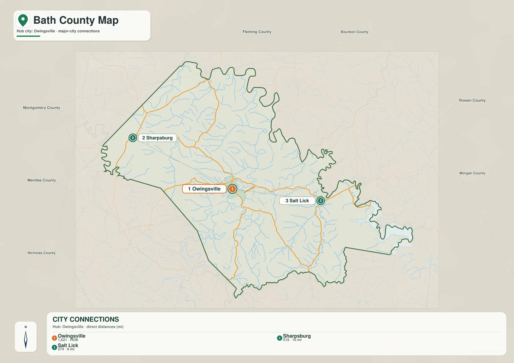 Bath County Kentucky city connections map showing Owingsville, Sharpsburg and Salt Lick