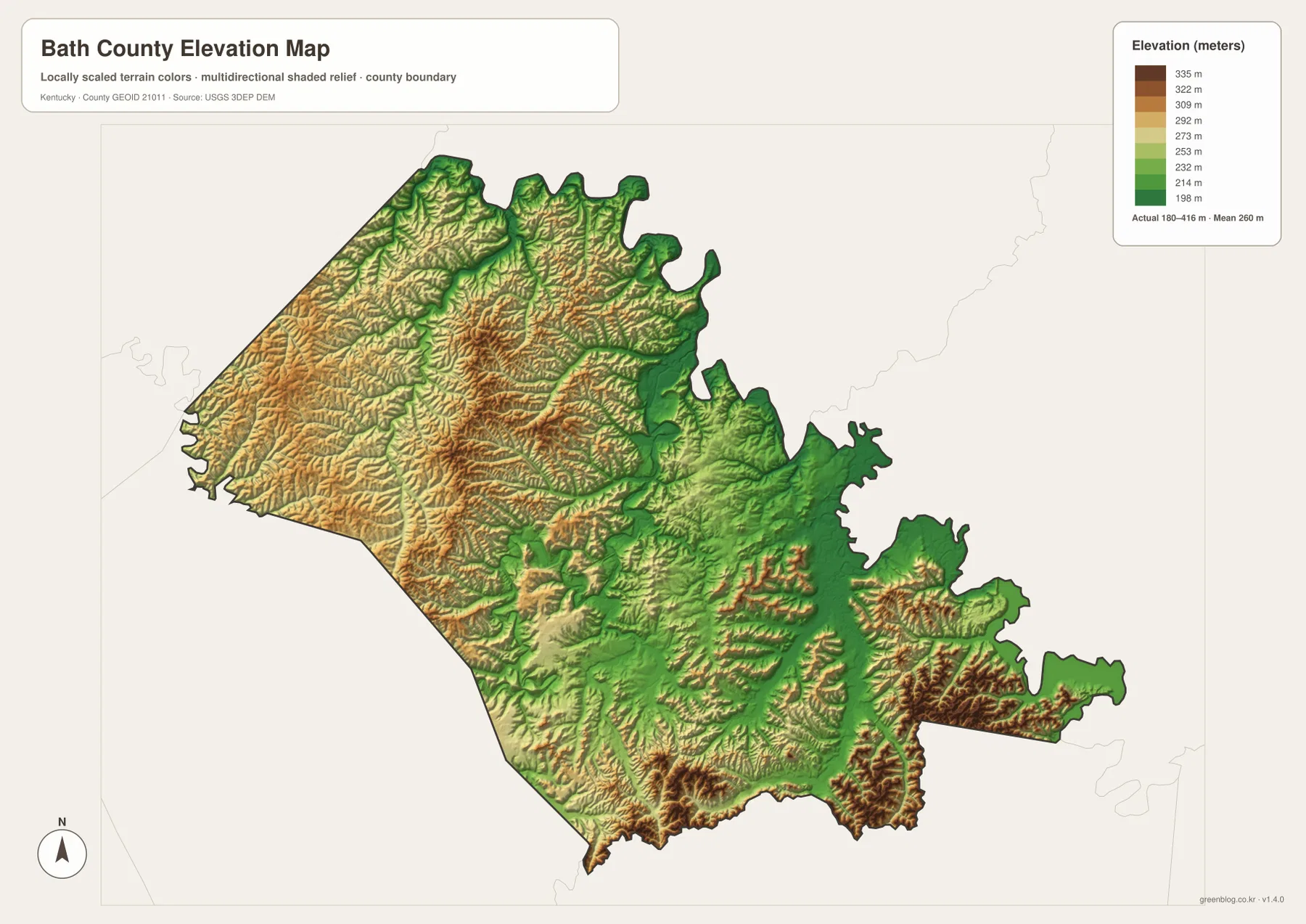 Bath County Kentucky elevation map showing 180 to 416 meter relief, higher western ridges and lower eastern creek valleys
