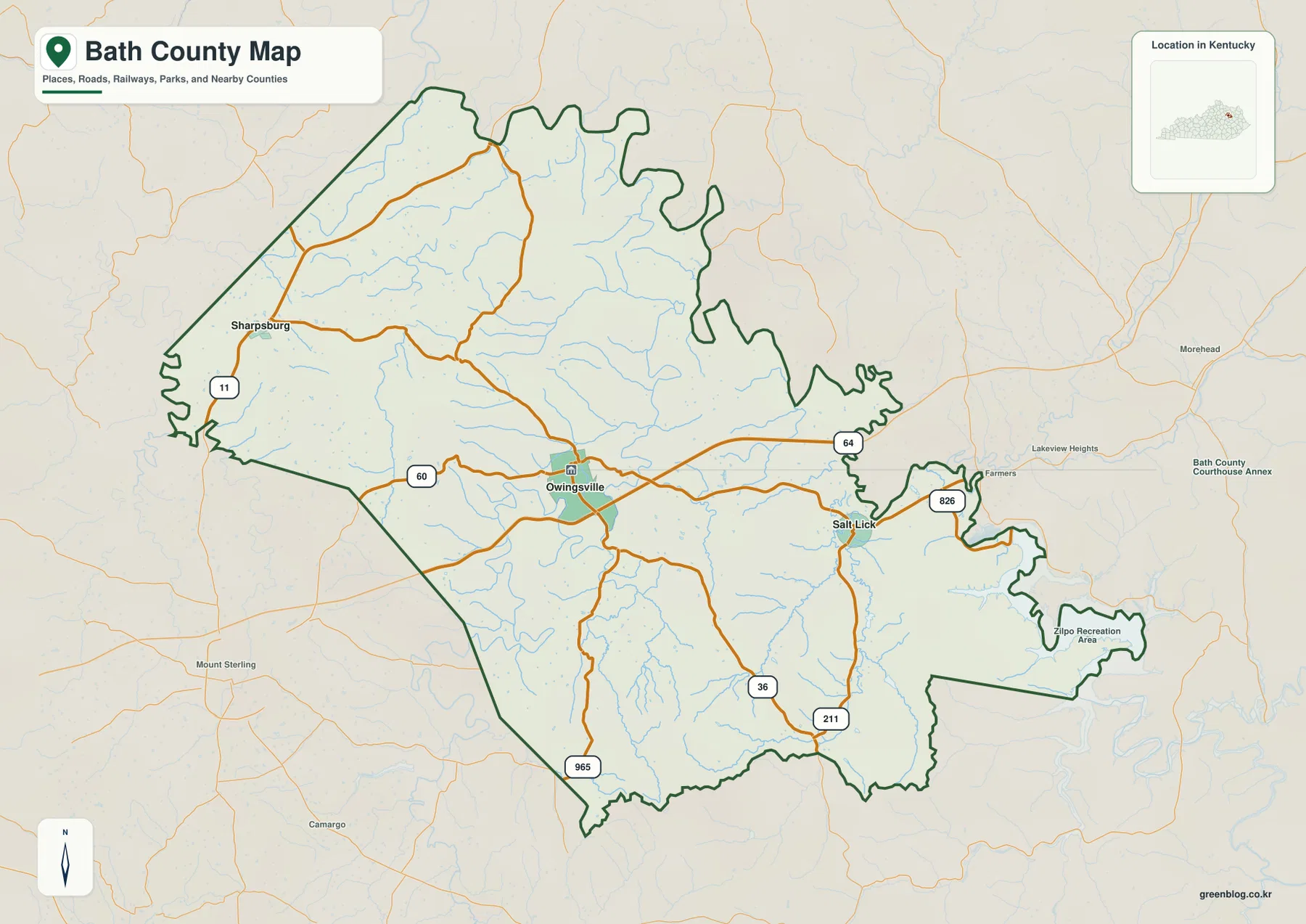 Bath County Kentucky map showing Owingsville, Sharpsburg, Salt Lick, US 60, KY 11, KY 36, KY 211 and KY 826