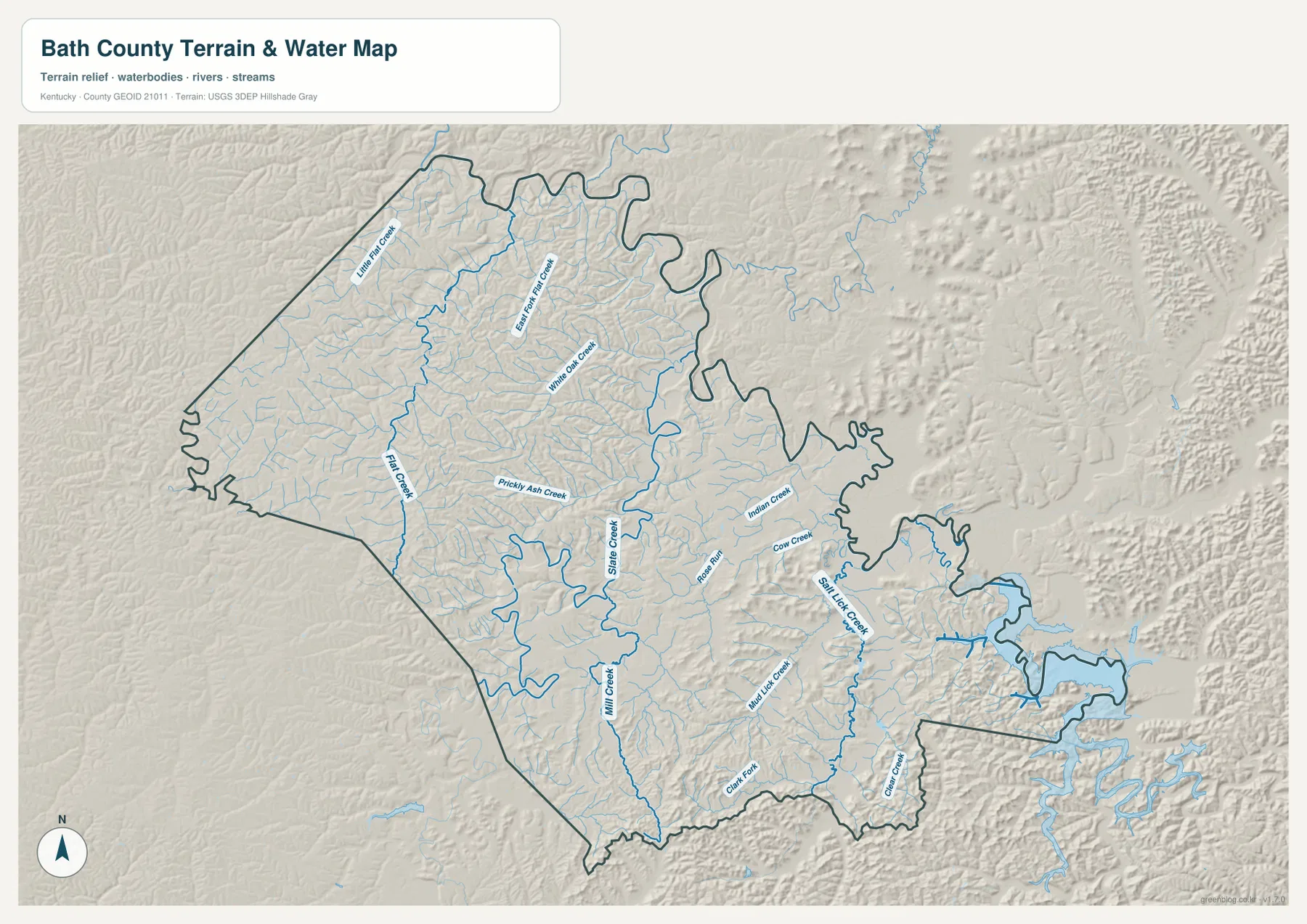 Bath County Kentucky terrain and water map showing Flat Creek, Slate Creek, Salt Lick Creek, Mill Creek and Cave Run Lake