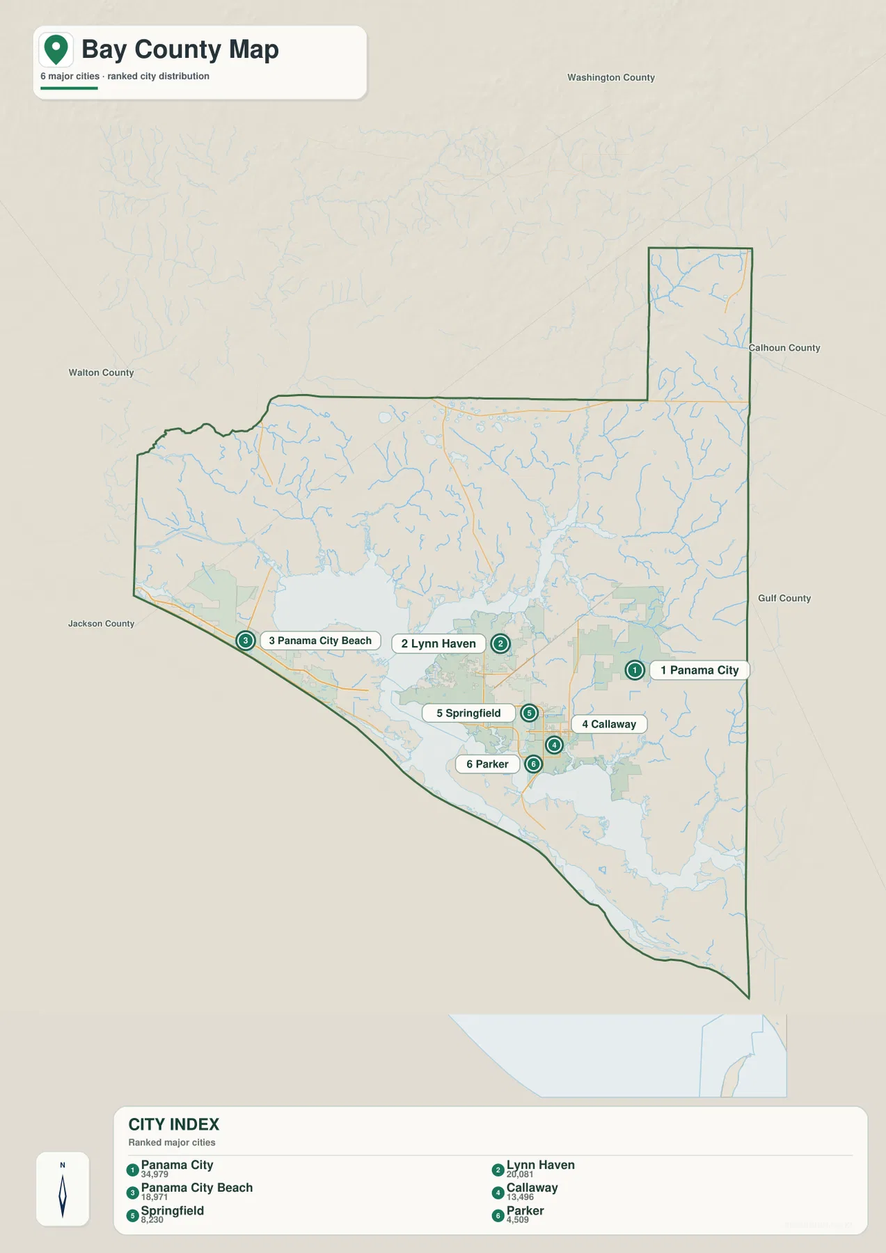 Bay County city map showing Panama City, Lynn Haven, Panama City Beach, Callaway, Springfield, and Parker