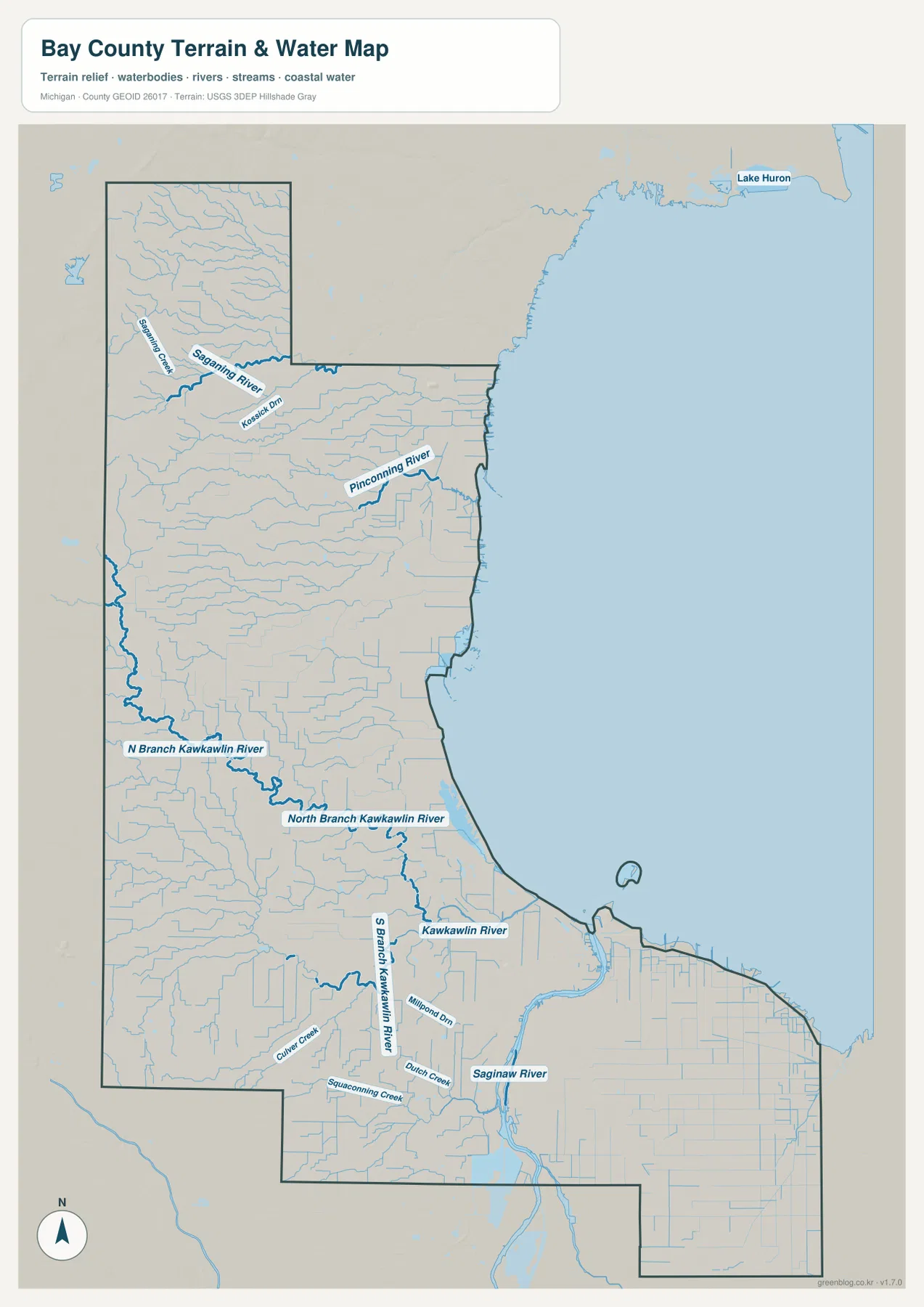 Saginaw River, Kawkawlin River, North Branch Kawkawlin River, South Branch Kawkawlin River, Pinconning River와 Saginaw Bay가 표시된 Bay County 지형 수역 지도