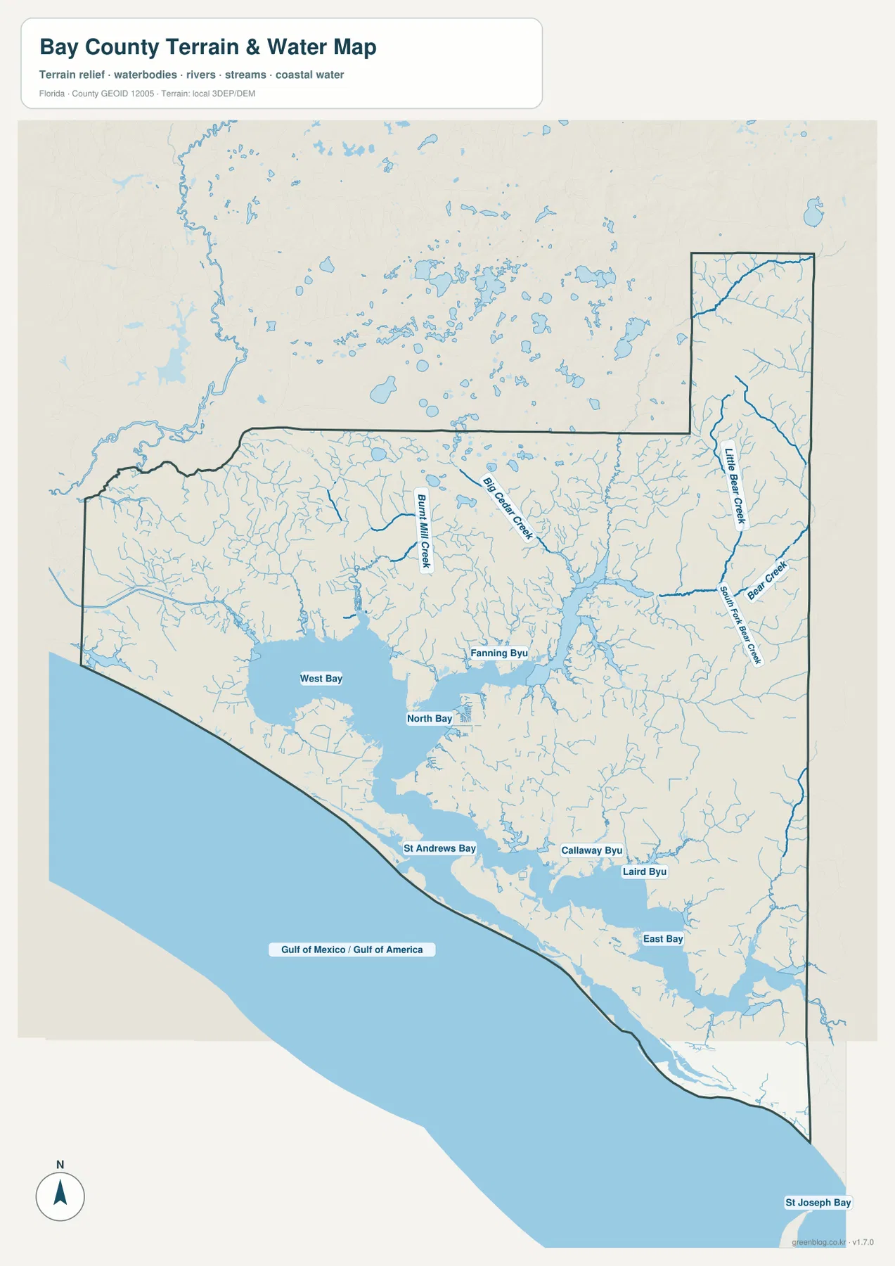 Bay County terrain and water map showing West Bay, North Bay, St. Andrews Bay, East Bay, bayous, and creeks