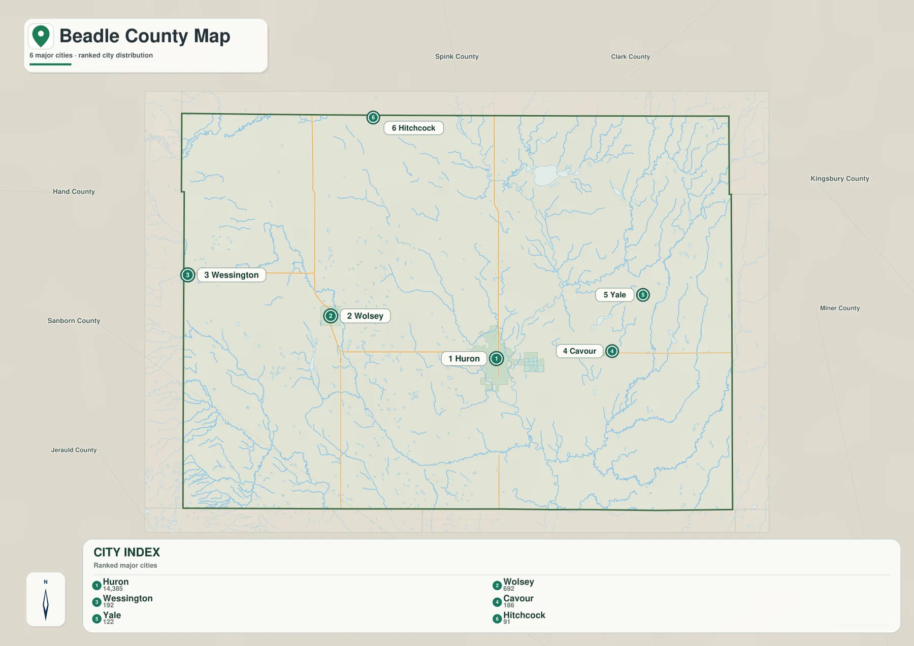 Beadle County city map with Huron, Wolsey, Wessington, Cavour, Yale, and Hitchcock ranked in the city index