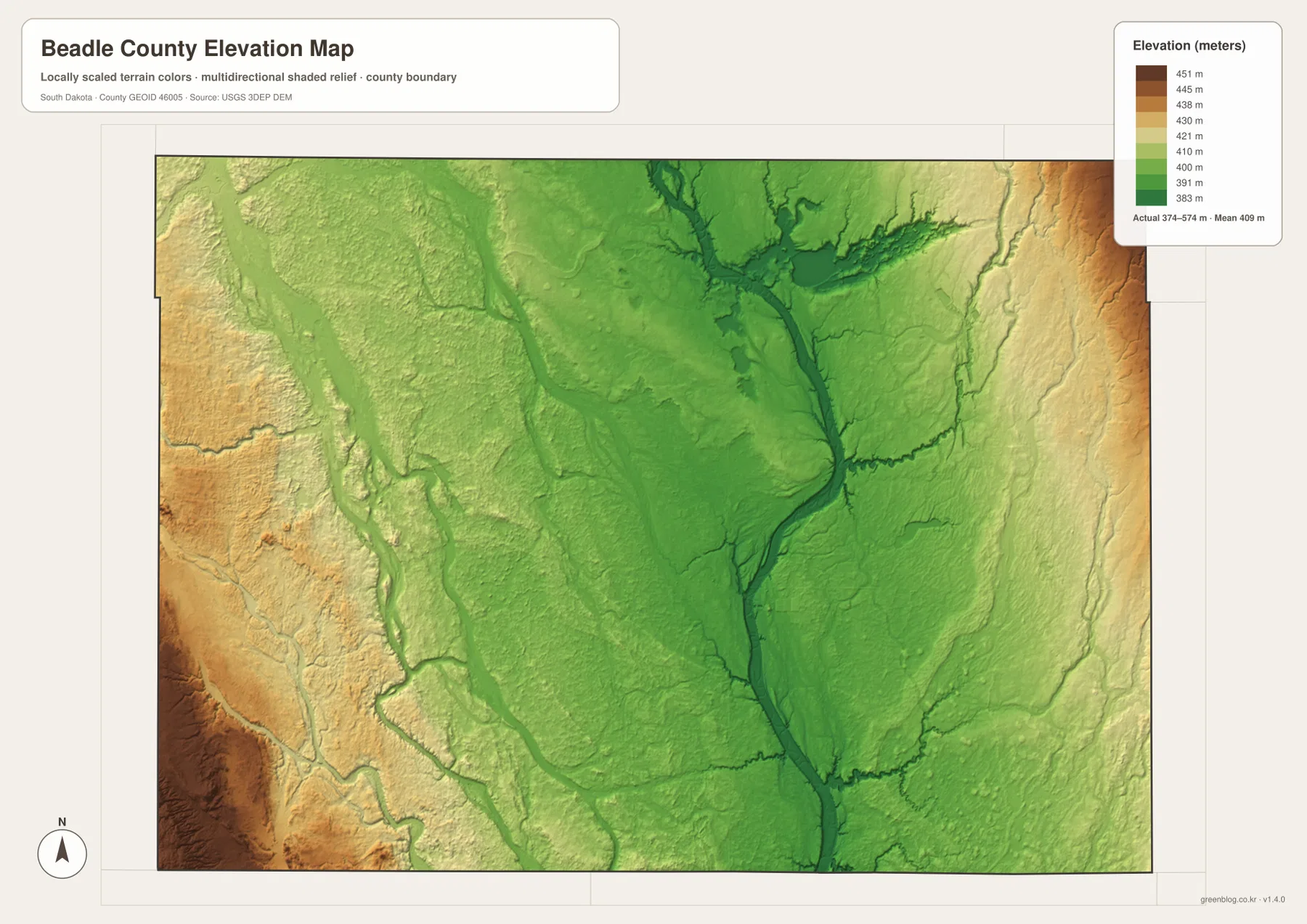 Beadle County elevation map with a 374 to 574 meter range and lower James River corridors highlighted by darker terrain colors