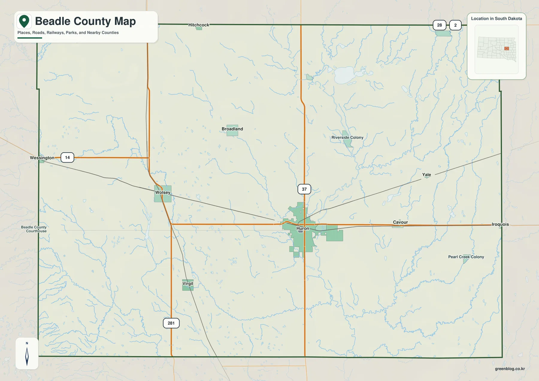 Beadle County map showing Huron, US 14, US 281, SD 37, nearby communities, and the county boundary