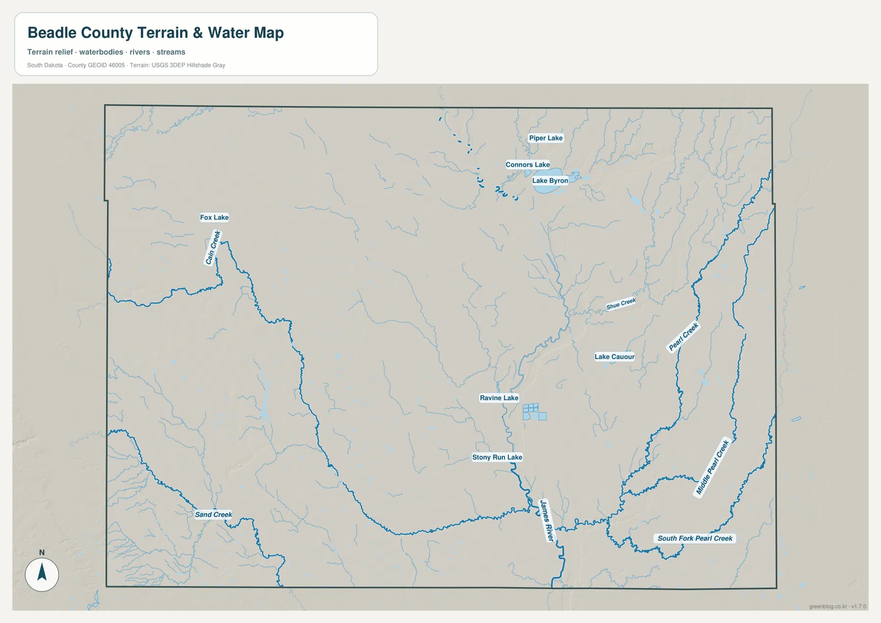 Beadle County water map showing the James River, Lake Byron, Piper Lake, Connors Lake, Pearl Creek, and other waterways