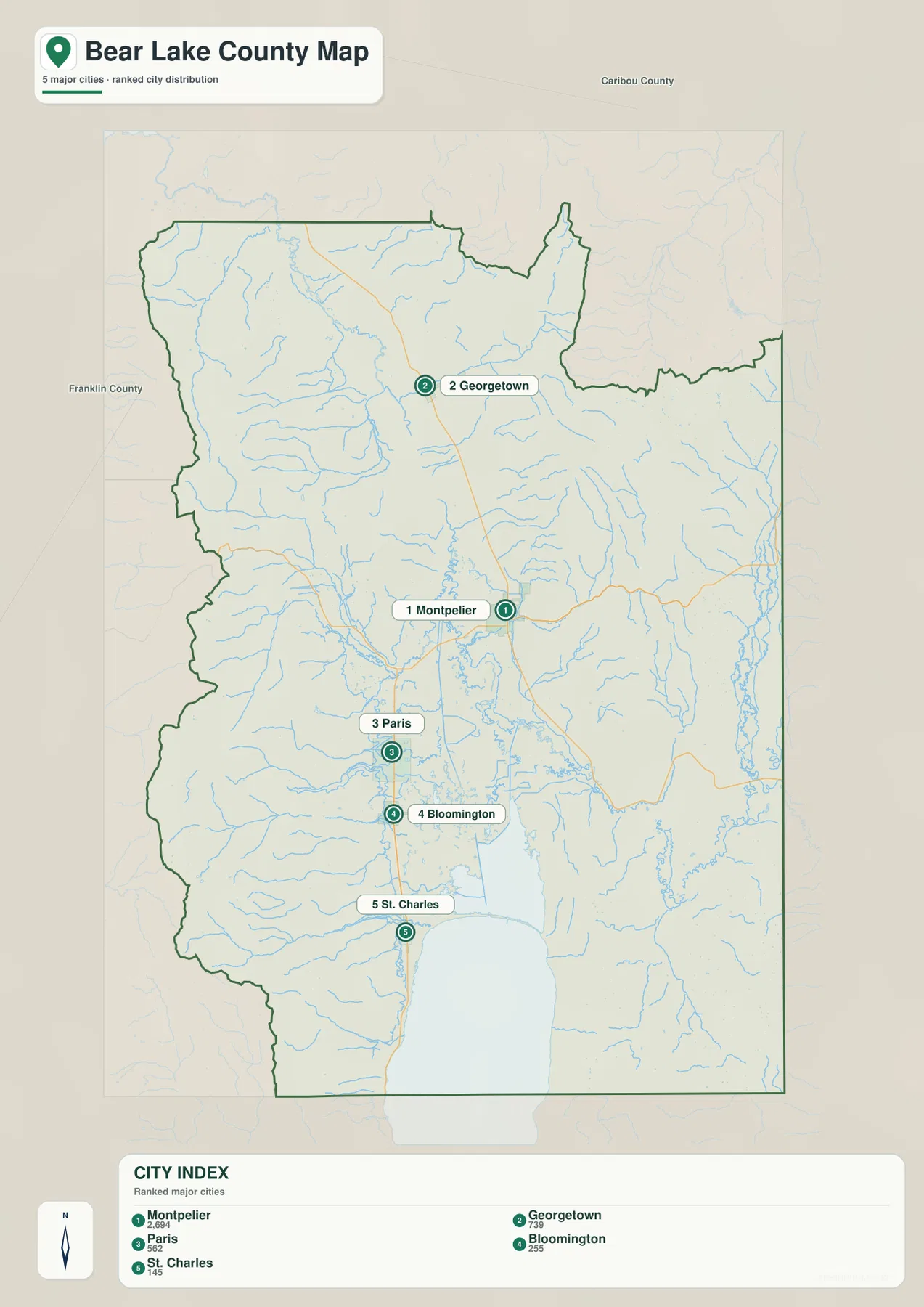 Bear Lake County city map ranking Montpelier, Georgetown, Paris, Bloomington, and St. Charles