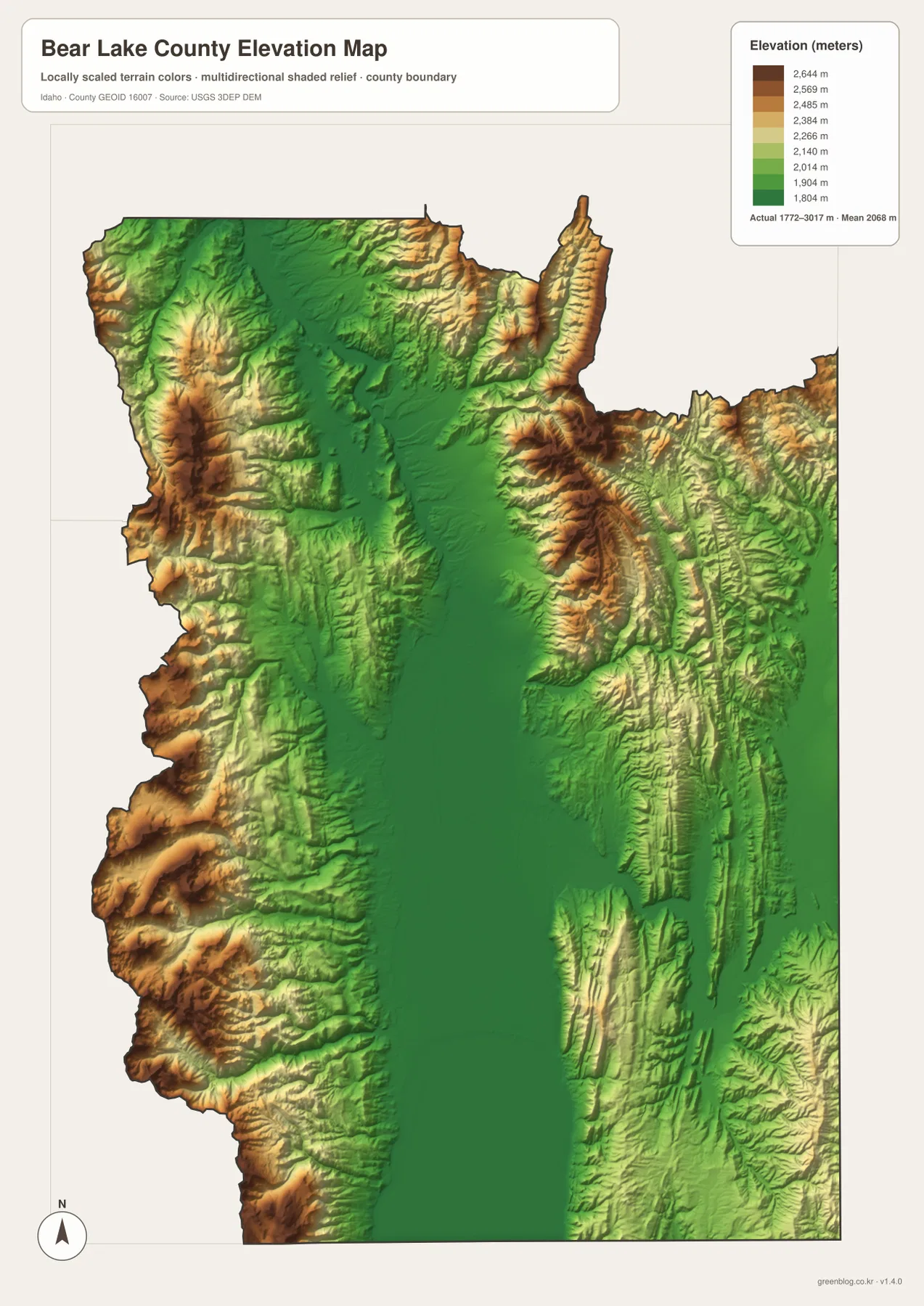 Bear Lake County elevation map showing the low central basin and higher western and eastern mountain ridges