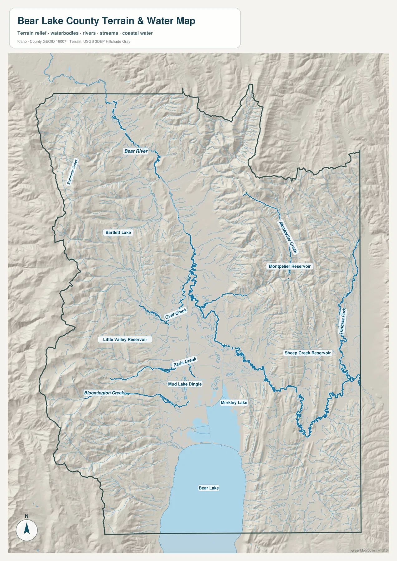 Bear Lake County terrain and water map showing Bear River, Bear Lake, Montpelier Creek, Thomas Fork, reservoirs, and mountain tributaries