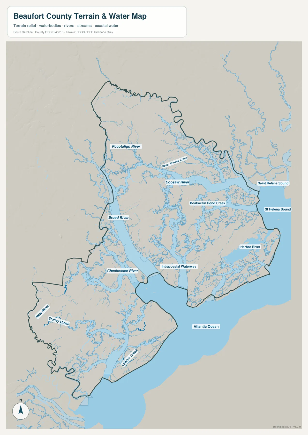 Broad River, Coosaw River, Pocotaligo River, Chechessee River, Saint Helena Sound와 대서양을 표시한 보퍼트 카운티 수역 지도