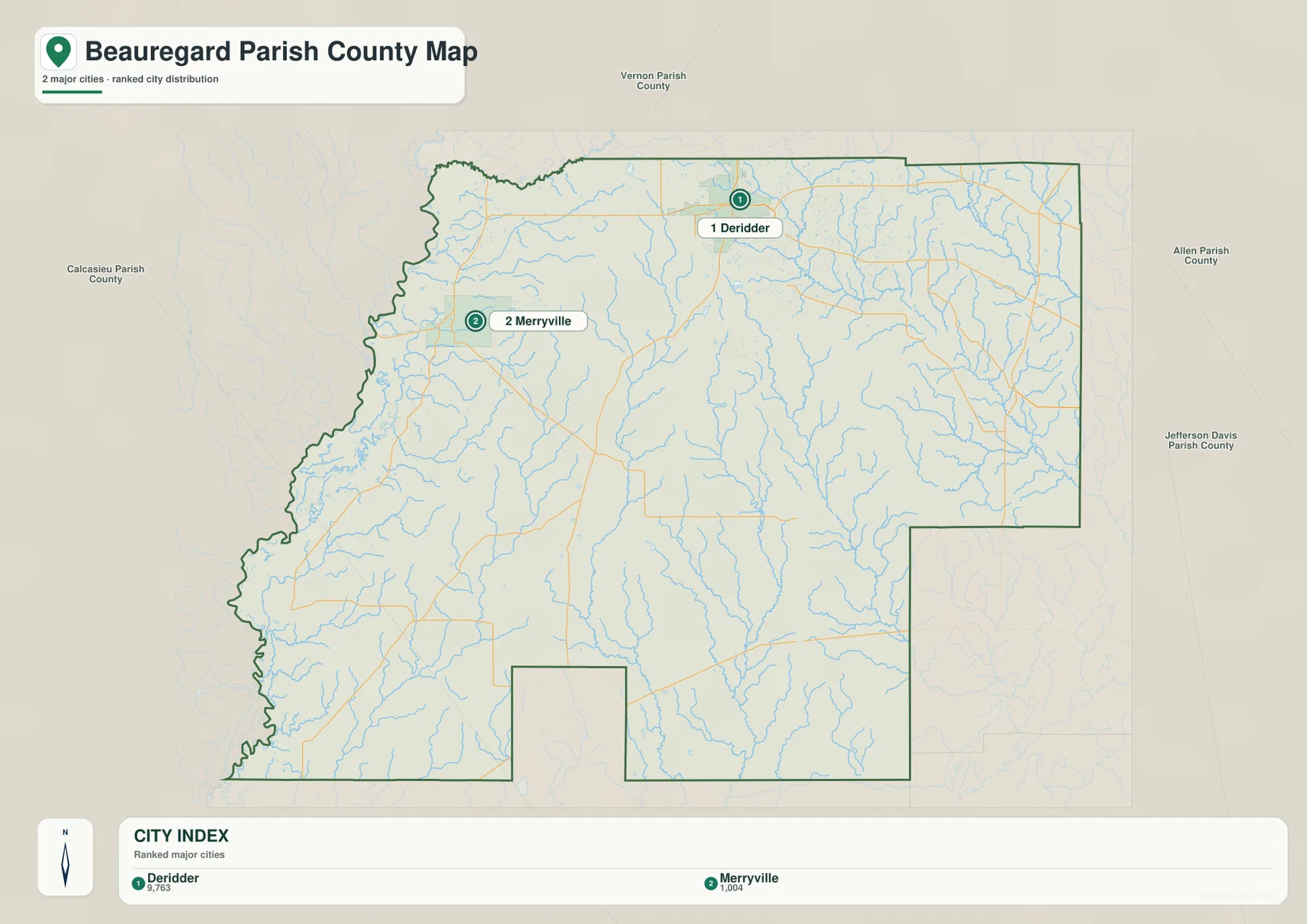 Beauregard Parish city map highlighting DeRidder and Merryville with Vernon, Allen, Jefferson Davis, and Calcasieu Parishes around the boundary