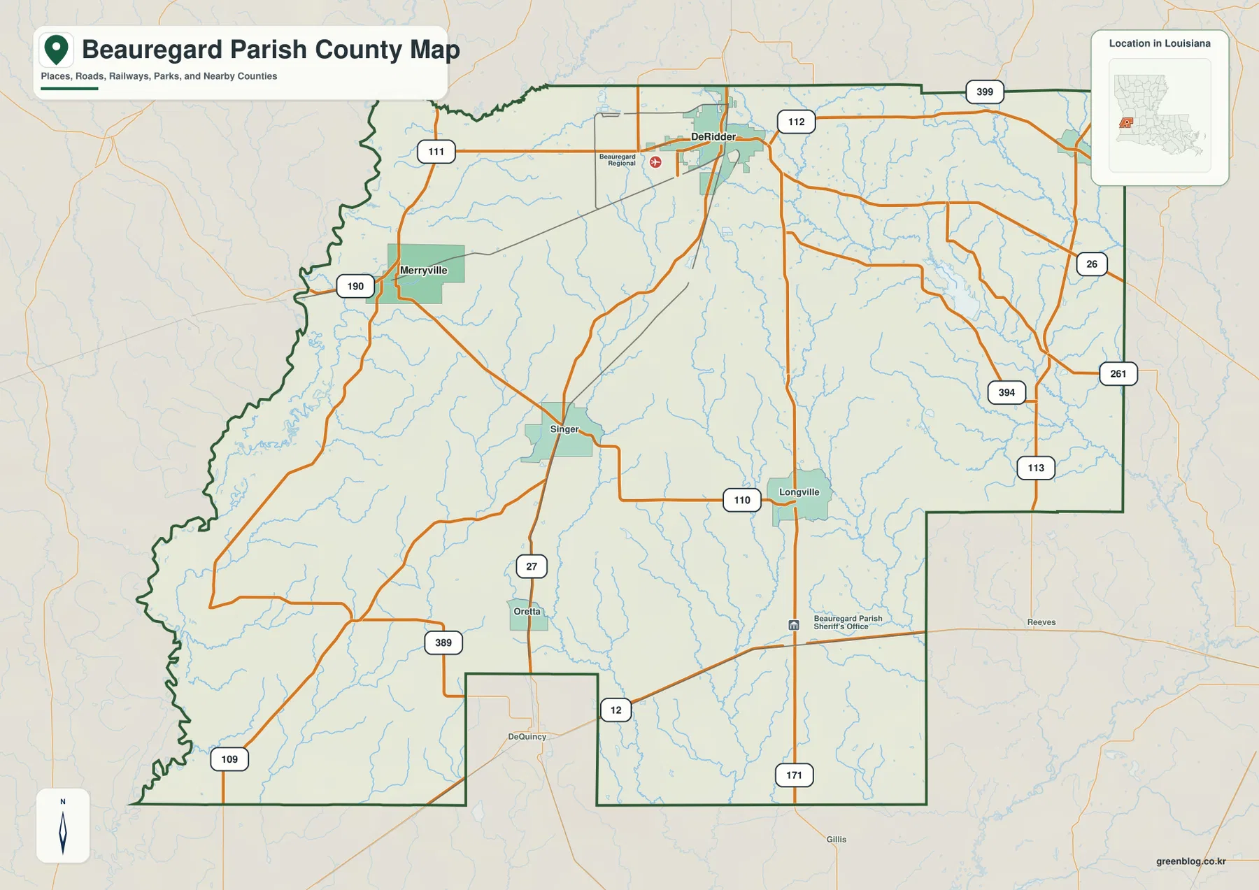 Beauregard Parish road map showing DeRidder, Merryville, Singer, Longville, Oretta, US 190, US 171, LA 27, LA 110, LA 111, LA 112, LA 113, LA 109, LA 389, LA 394, and LA 399