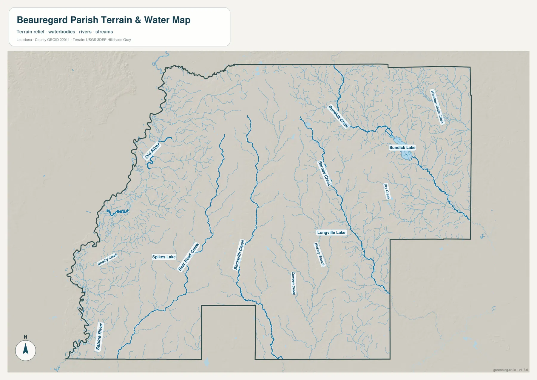 Beauregard Parish terrain and water map showing Sabine River, Old River, Brushy Creek, Bear Head Creek, Beckwith Creek, Barnes Creek, Bundick Creek, Whiskey Chitto Creek, Bundick Lake, Longville Lake, and Spikes Lake